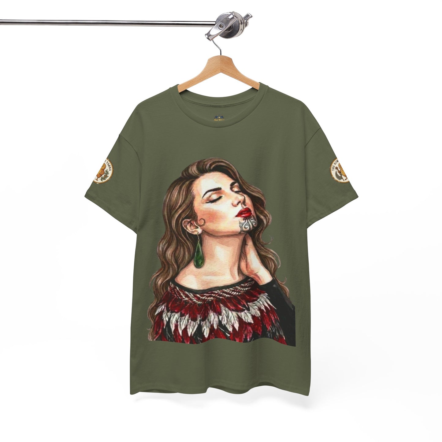 Olive green graphic T-shirt with crew neck, portrait print, circular sleeve patch
