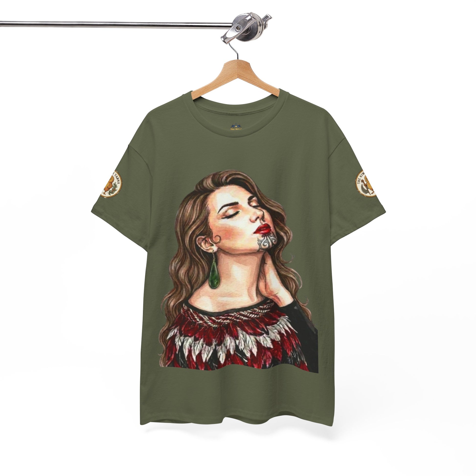 Olive green graphic T-shirt with crew neck, portrait print, circular sleeve patch