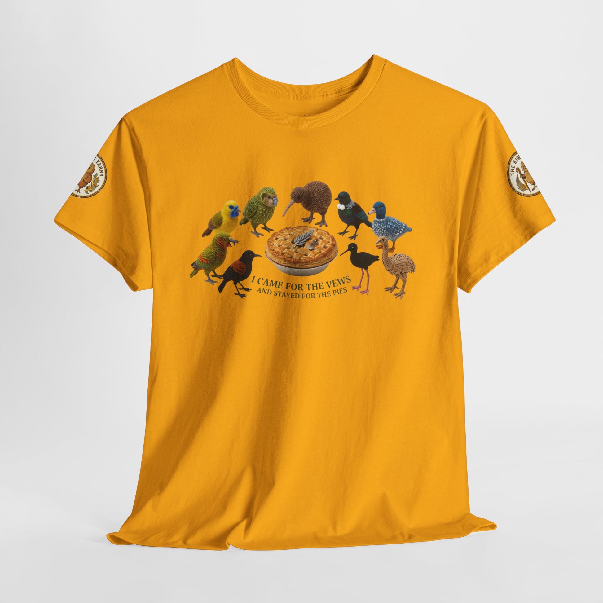 Yellow short-sleeve graphic T-shirt with birds and pizza print, sleeve patches
