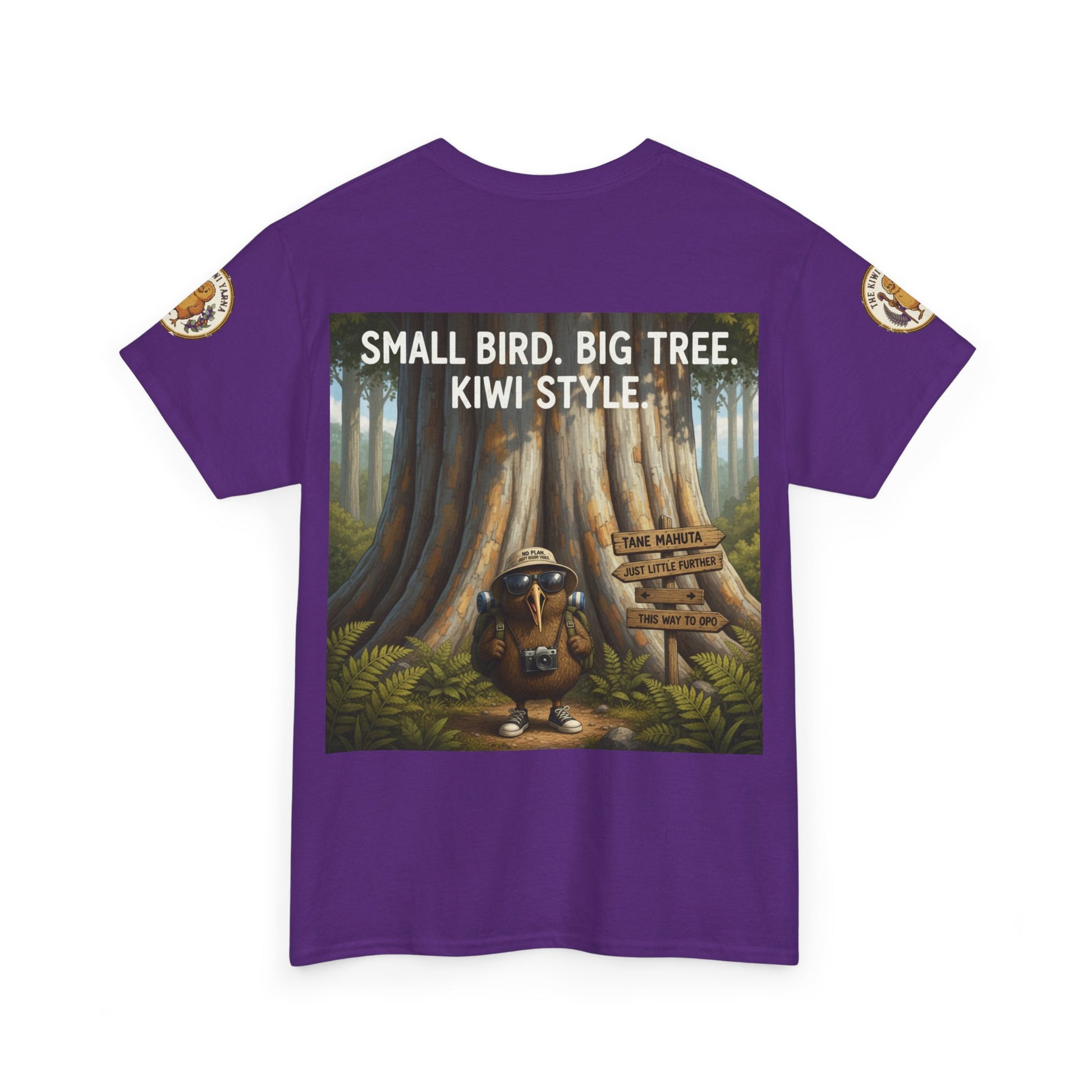 Purple crew-neck T-shirt with large front graphic featuring bird and forest tree scene.