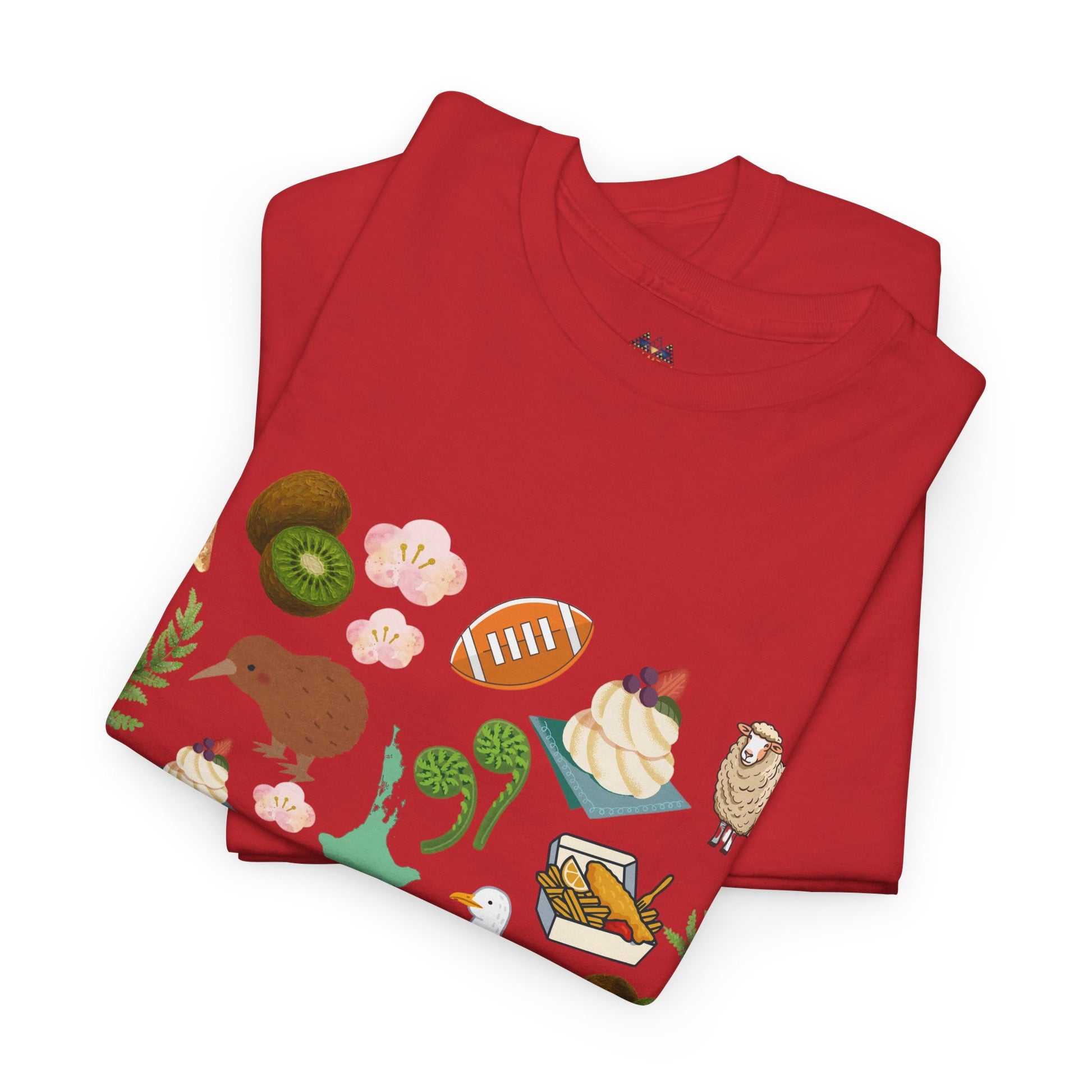 Red Kiwiana T-shirt with colorful NZ-themed illustrated animal and fruit graphic