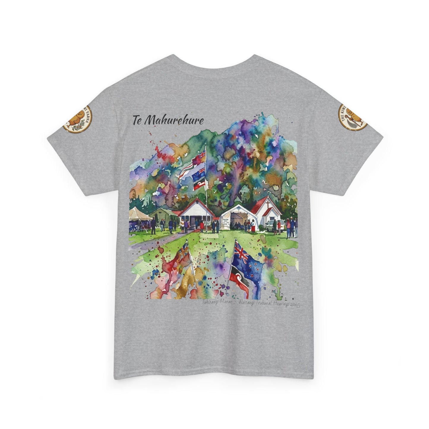 Grey graphic T-shirt with colorful watercolor village print and circular sleeve patches