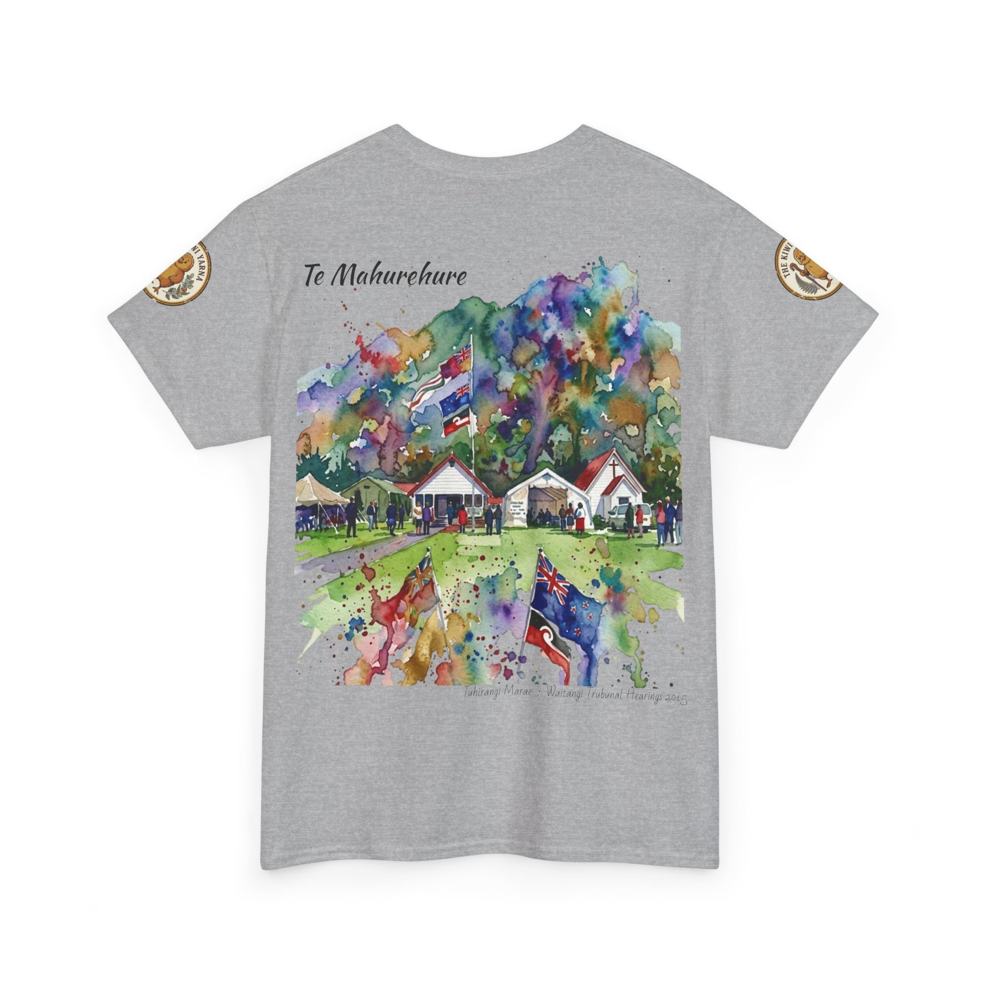Grey graphic T-shirt with colorful watercolor village print and circular sleeve patches