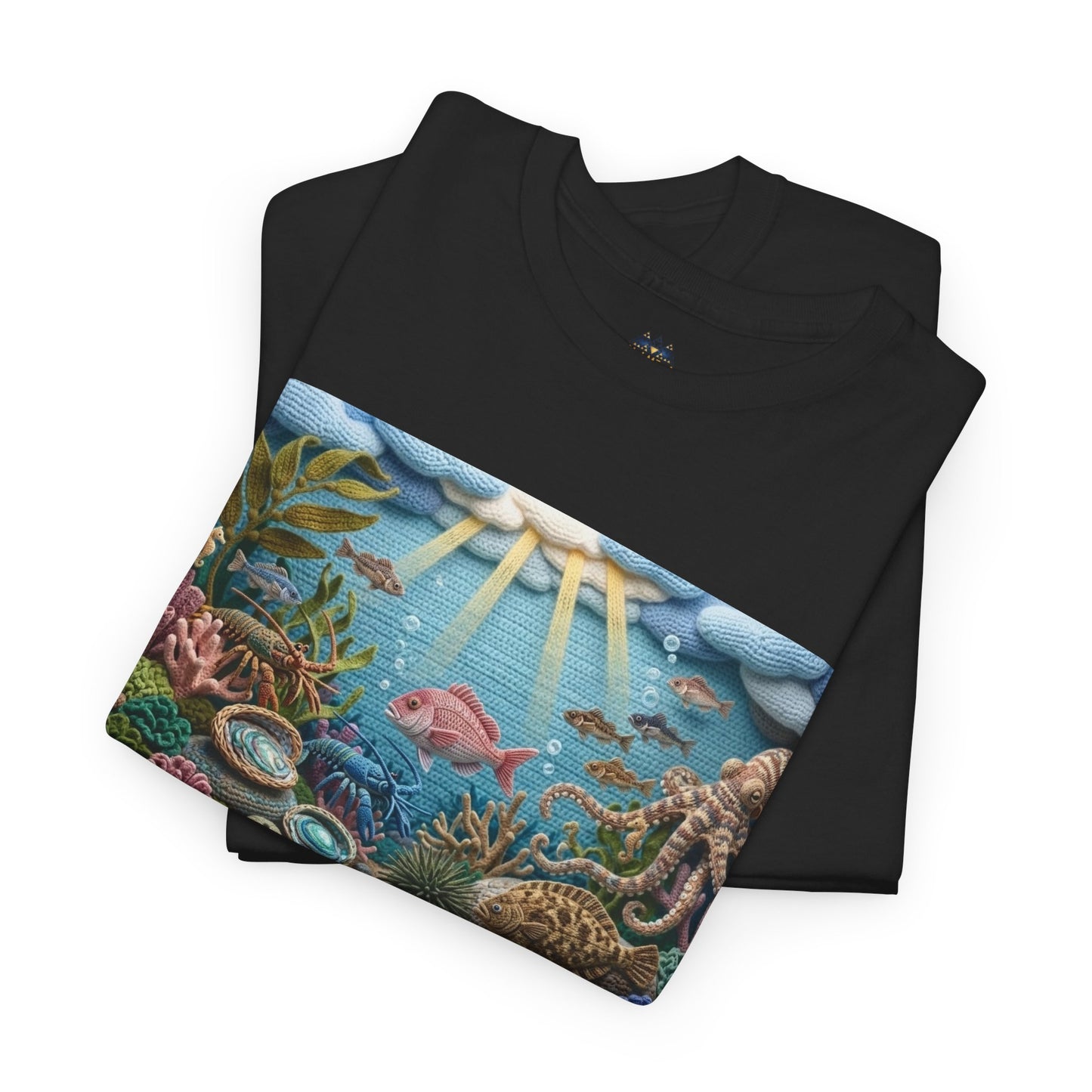 Black T-shirt with underwater scene graphic panel, viewed at an angle; short sleeves.