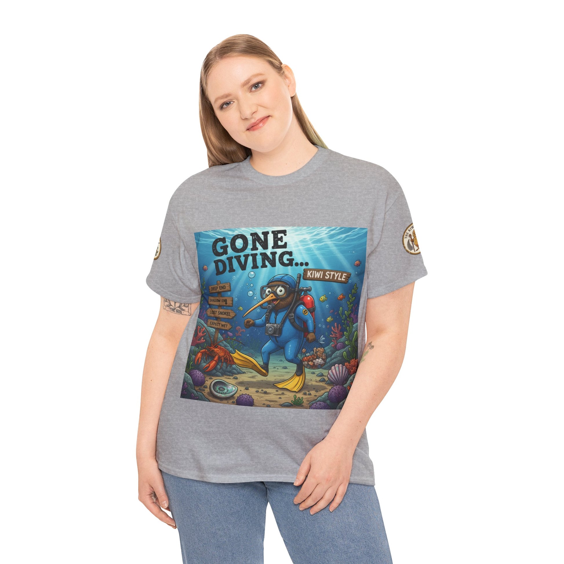 Gray crewneck graphic T-shirt with underwater diver square front print on model