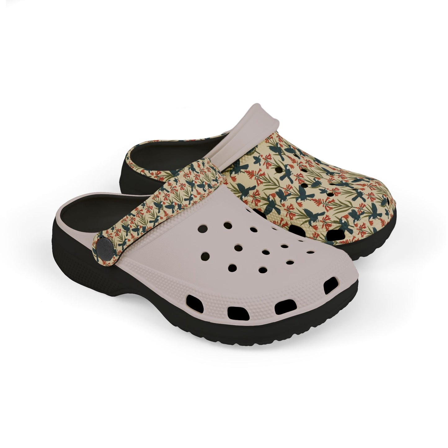 Kids slip-on clog shoes with floral print, perforated vents, gray upper with black sole.
