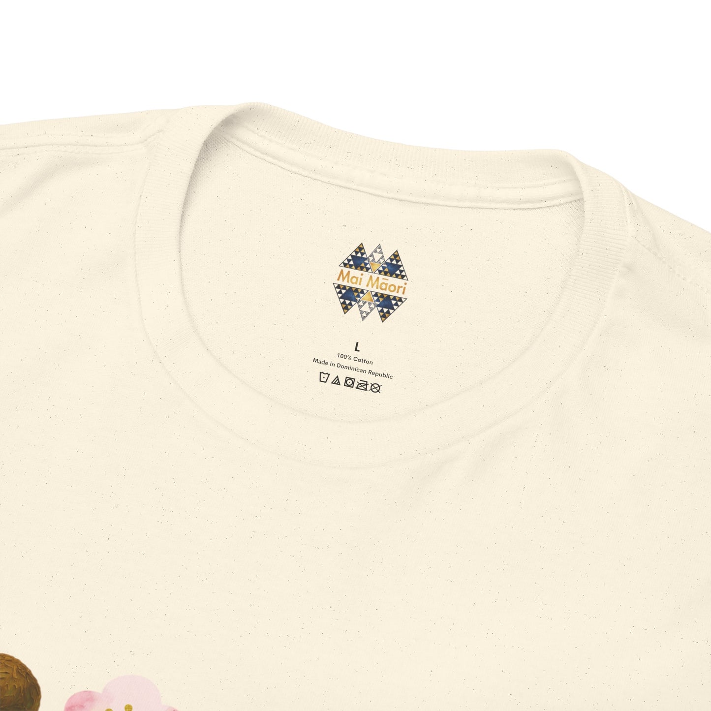 Cream T-shirt neckline with small logo graphic at the back of the collar