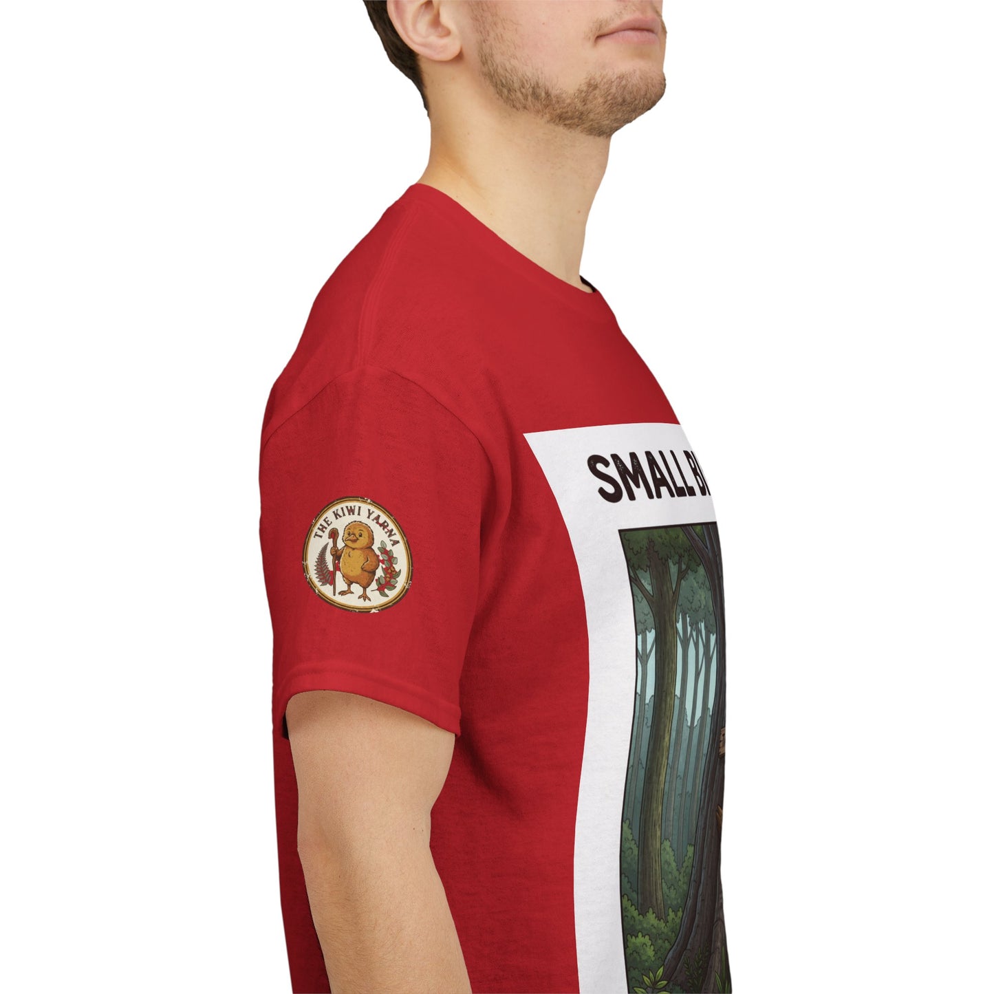 Red T-shirt with round left-sleeve logo patch and vertical 'SMALL' graphic on sleeve