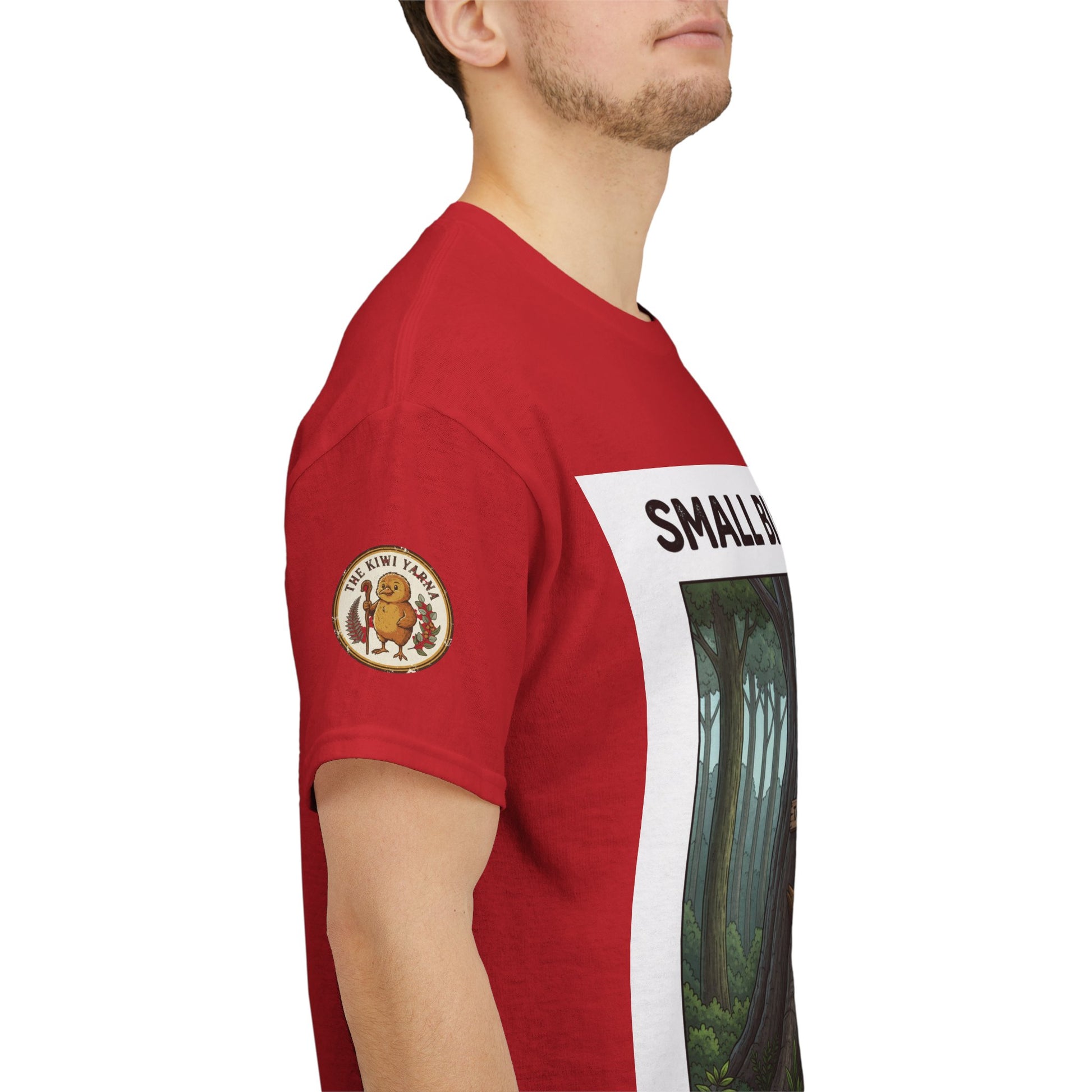 Red T-shirt with round left-sleeve logo patch and vertical 'SMALL' graphic on sleeve
