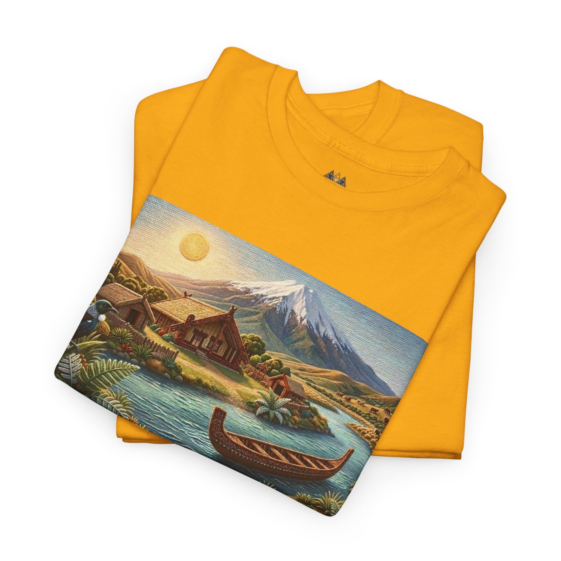 Unisex yellow T-shirt with landscape graphic panel and small chest logo.