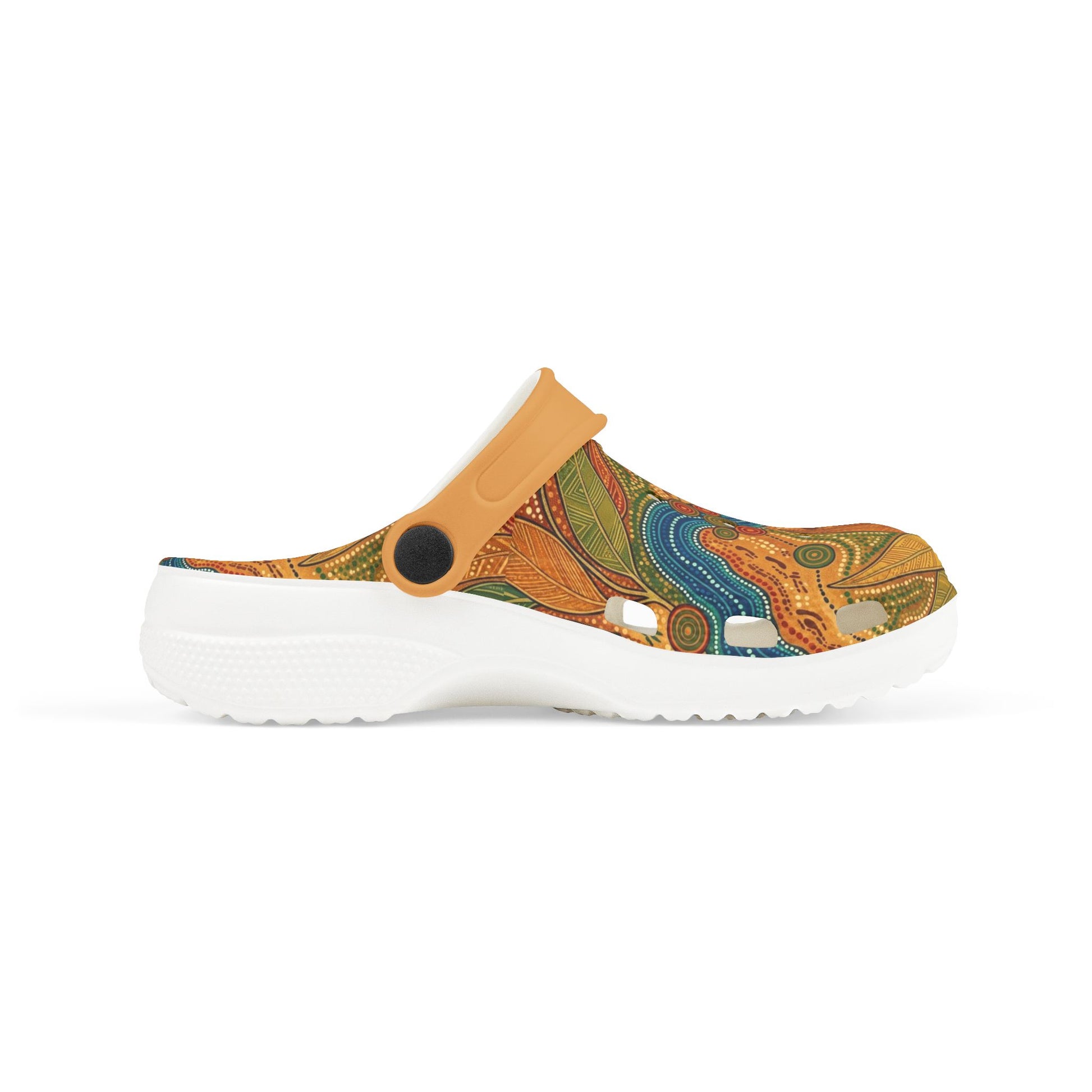 Casual slip-on clogs with tan strap and colorful Aboriginal art pattern, side view.