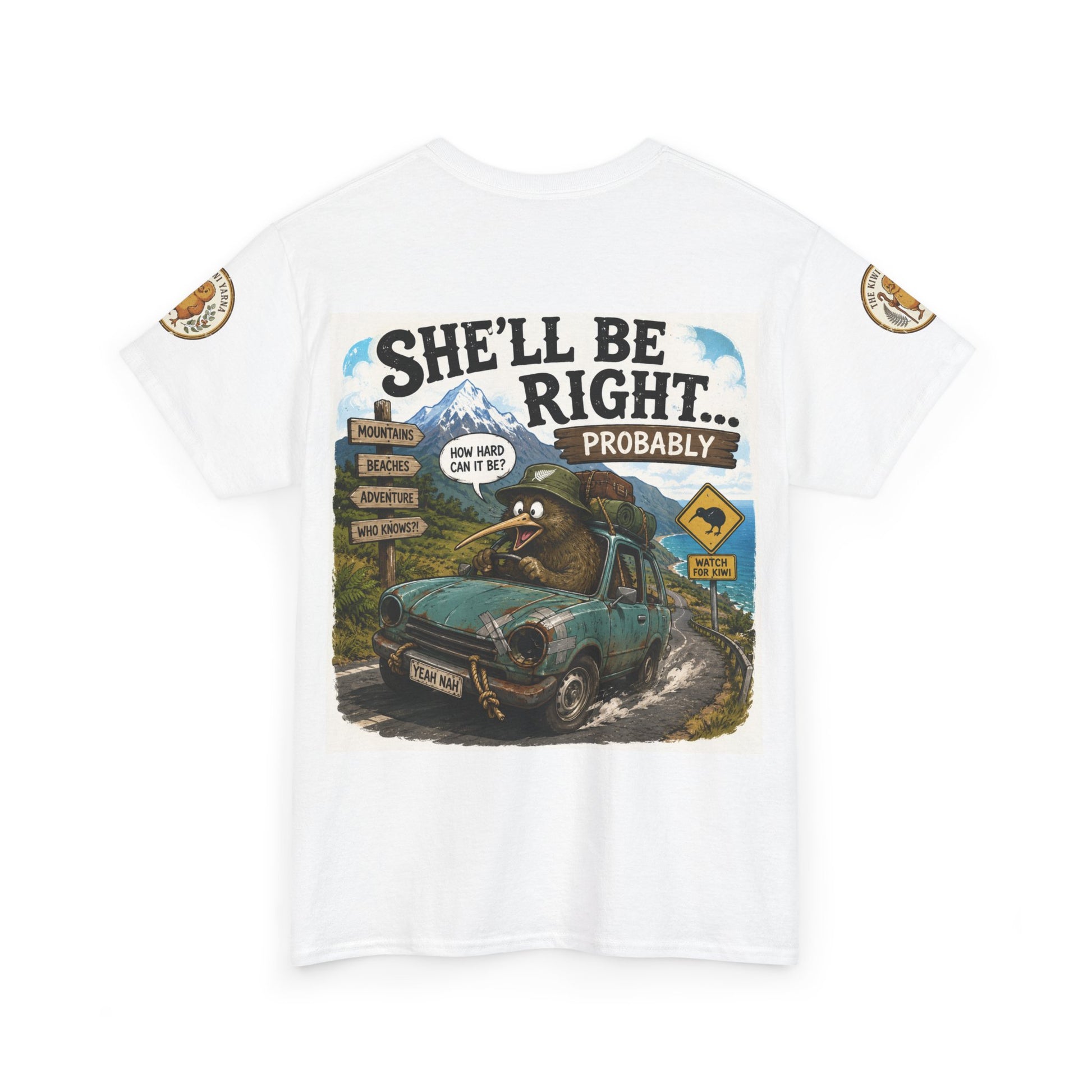 White graphic T-shirt with front truck scene print and small circular sleeve emblems.