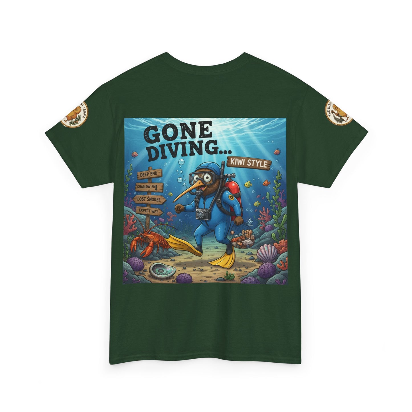 Dark green graphic T-shirt with “Gone Diving” diver scene on the front