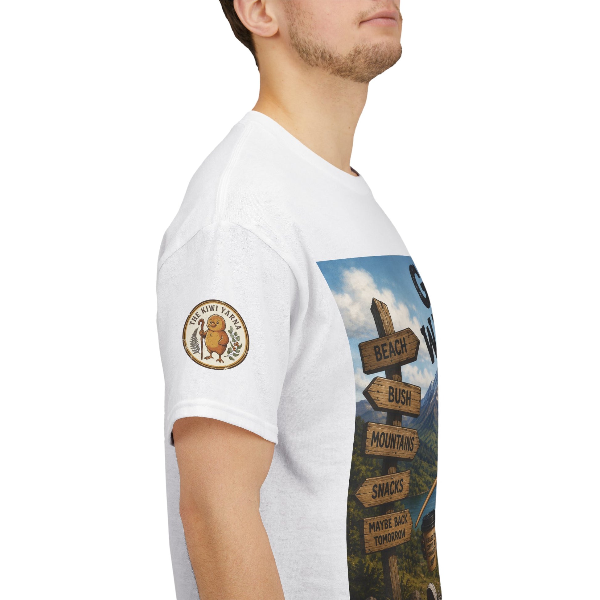 White graphic T-shirt with sleeve emblem and vertical scene print