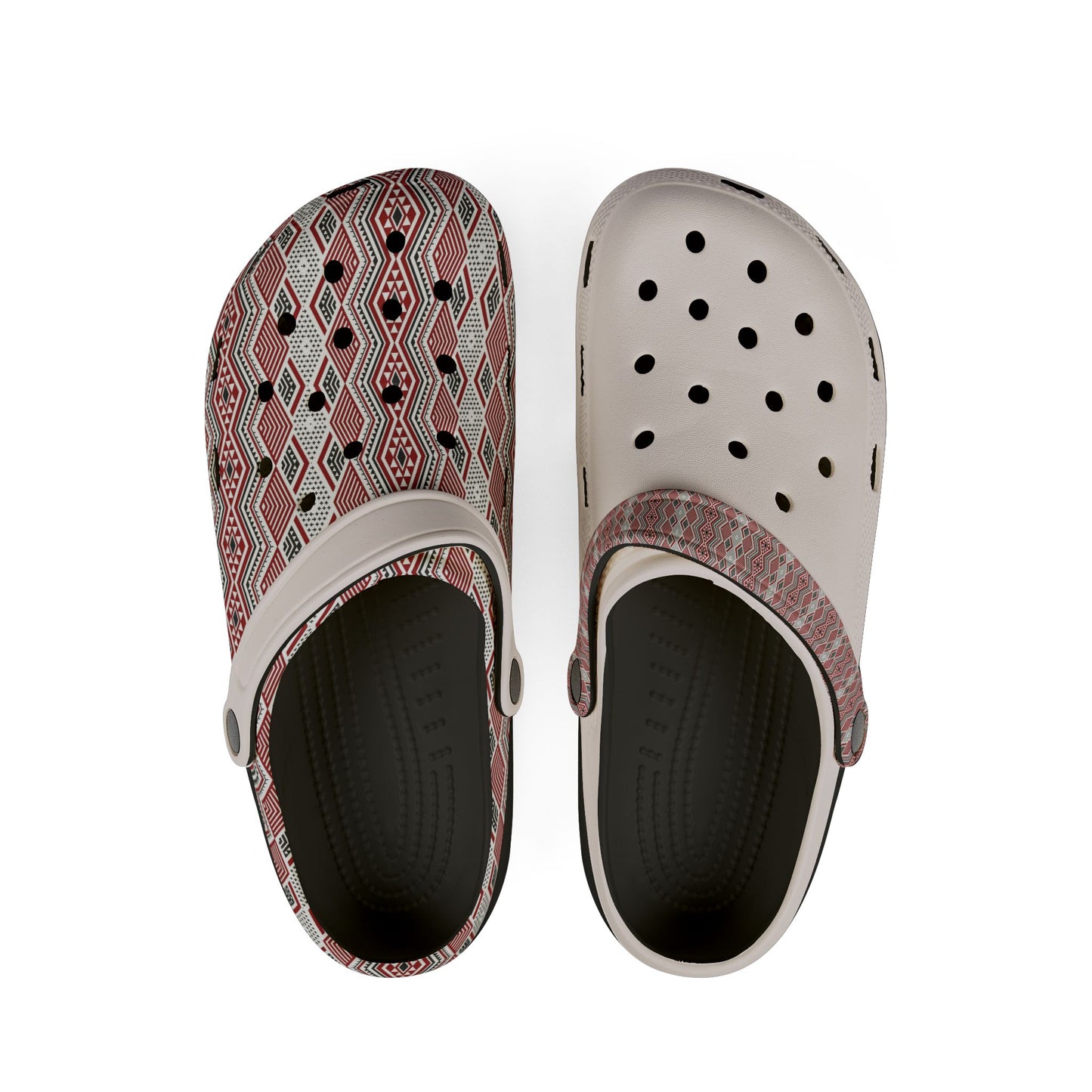 Tāniko clogs pair with perforated footbeds and red-and-white patterned uppers
