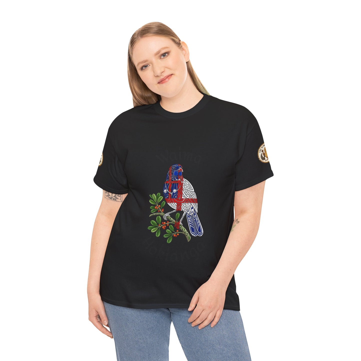 Black crewneck t-shirt worn by model; blue bird with green leaves graphic on front.