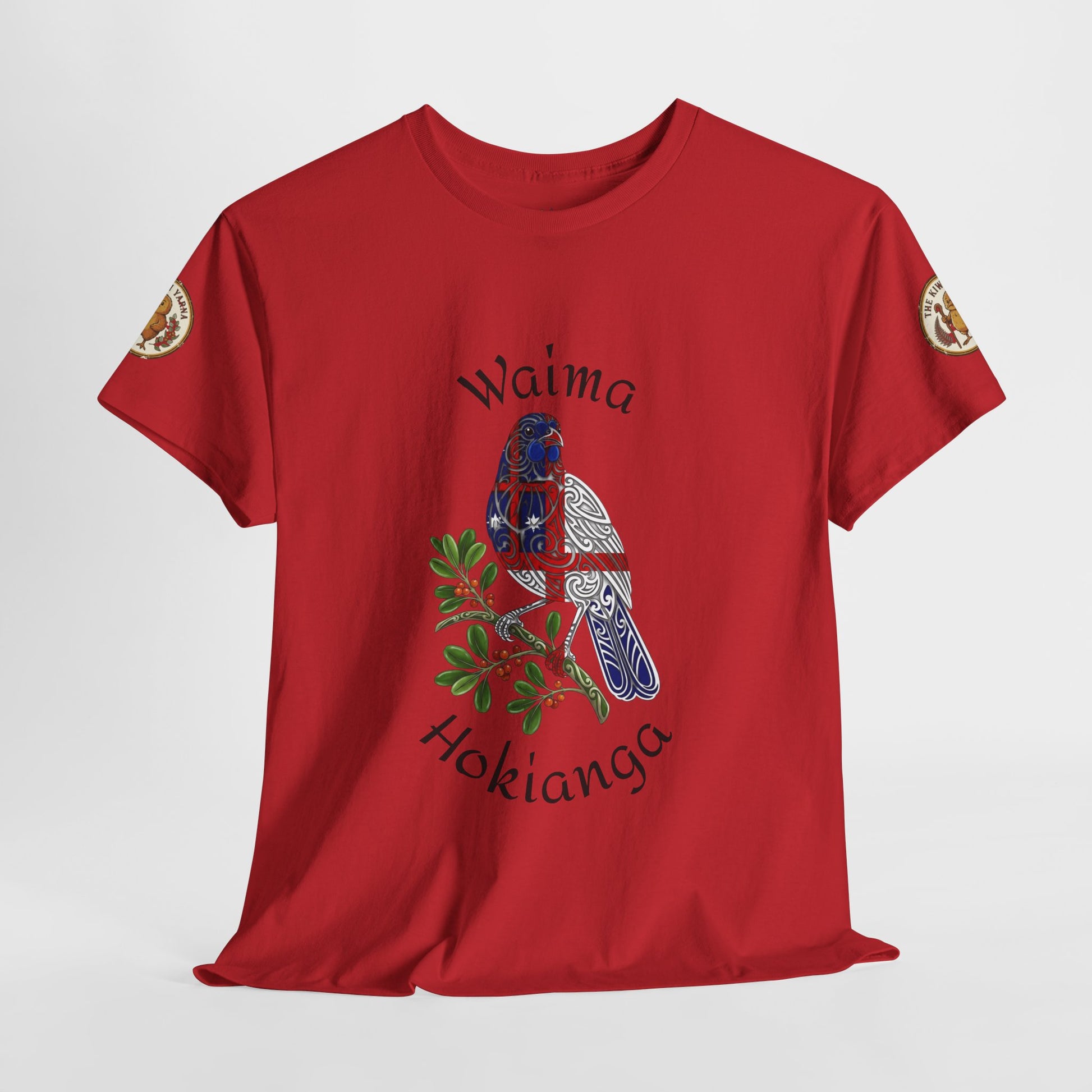 Red T-shirt flat lay, front bird illustration with script text