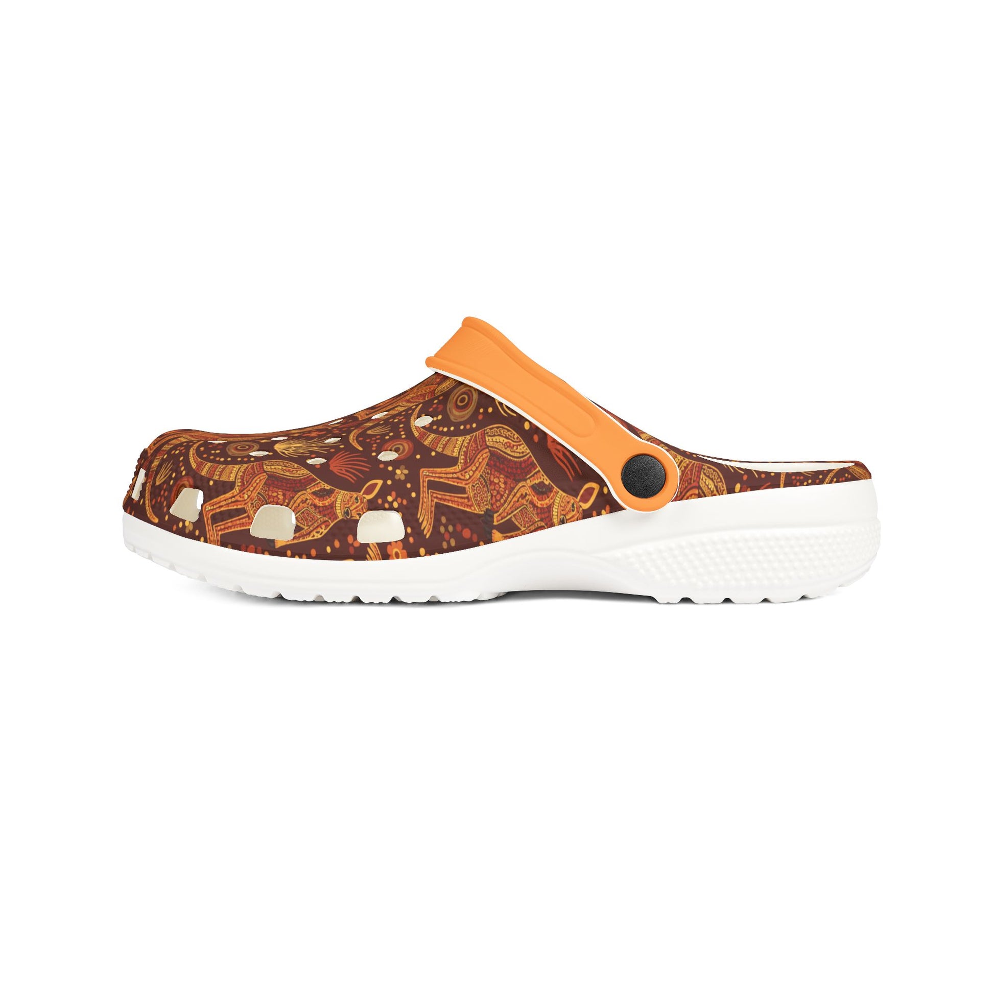Slip-on clog with patterned brown upper, orange strap, white sole, low profile