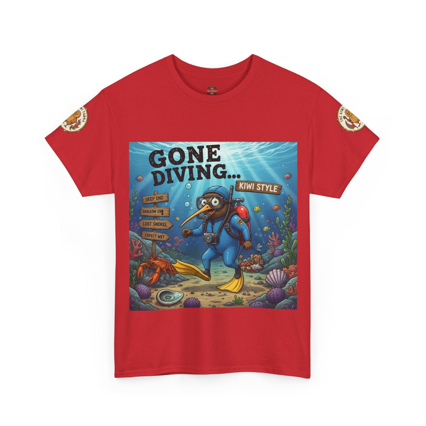 Kids' red graphic T-shirt with diver front print and circular sleeve patches.