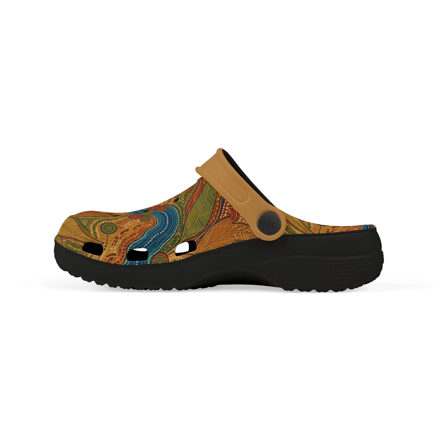 Aboriginal art slip-on clog shoe with rounded toe cutouts, multicolor upper and black sole