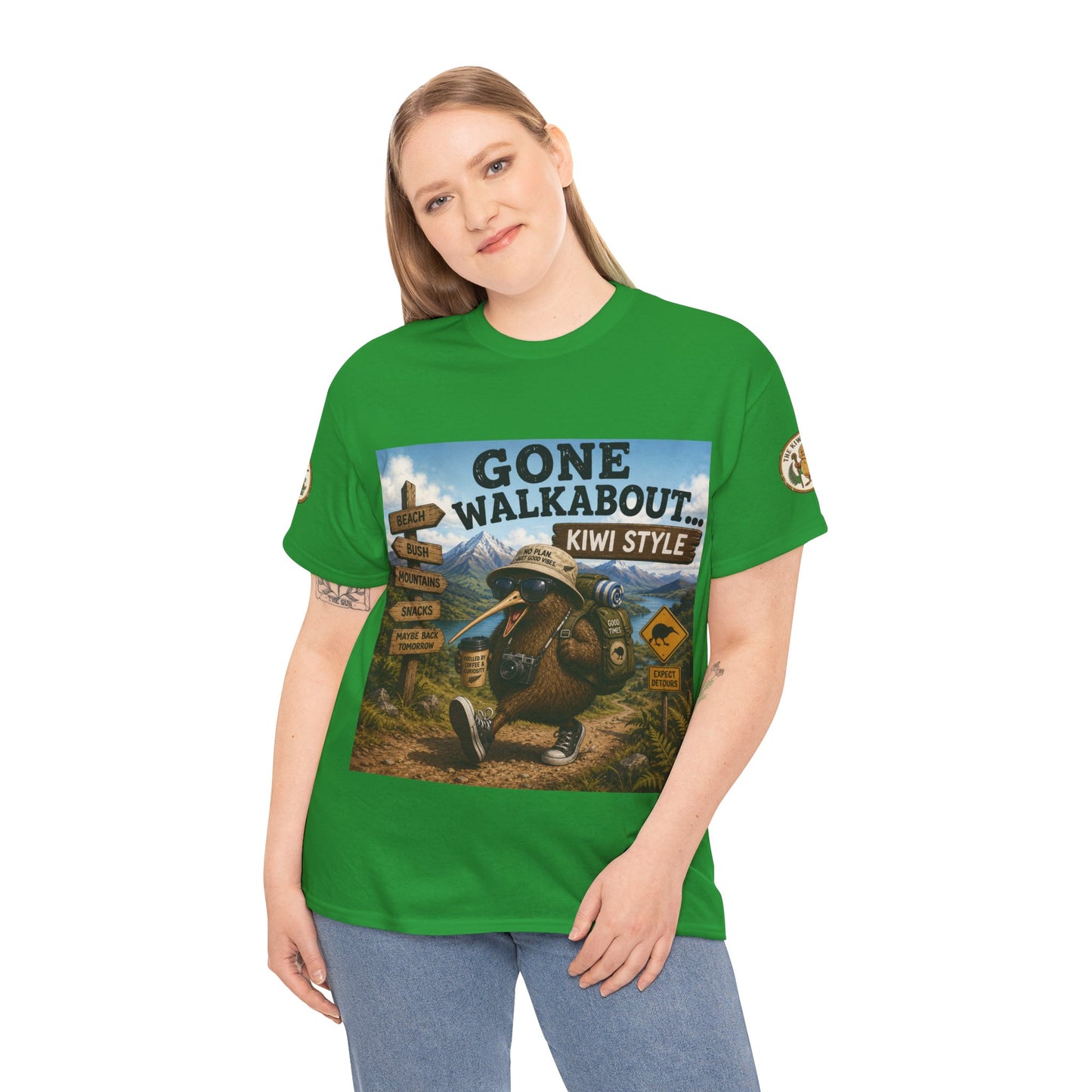 Green crew-neck T-shirt with front adventure graphic, worn by model