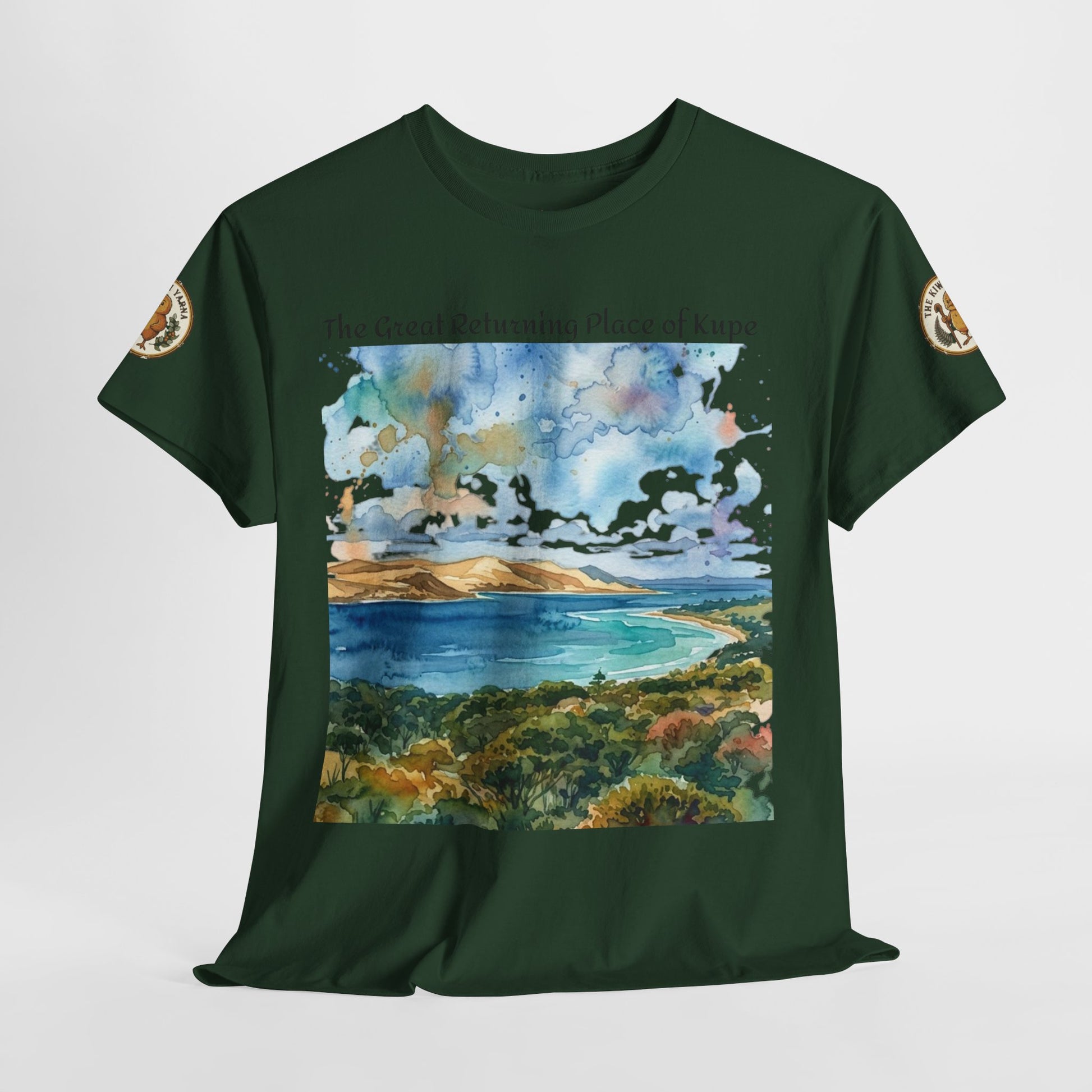Hokianga Harbour graphic T-shirt in dark green with full landscape front print