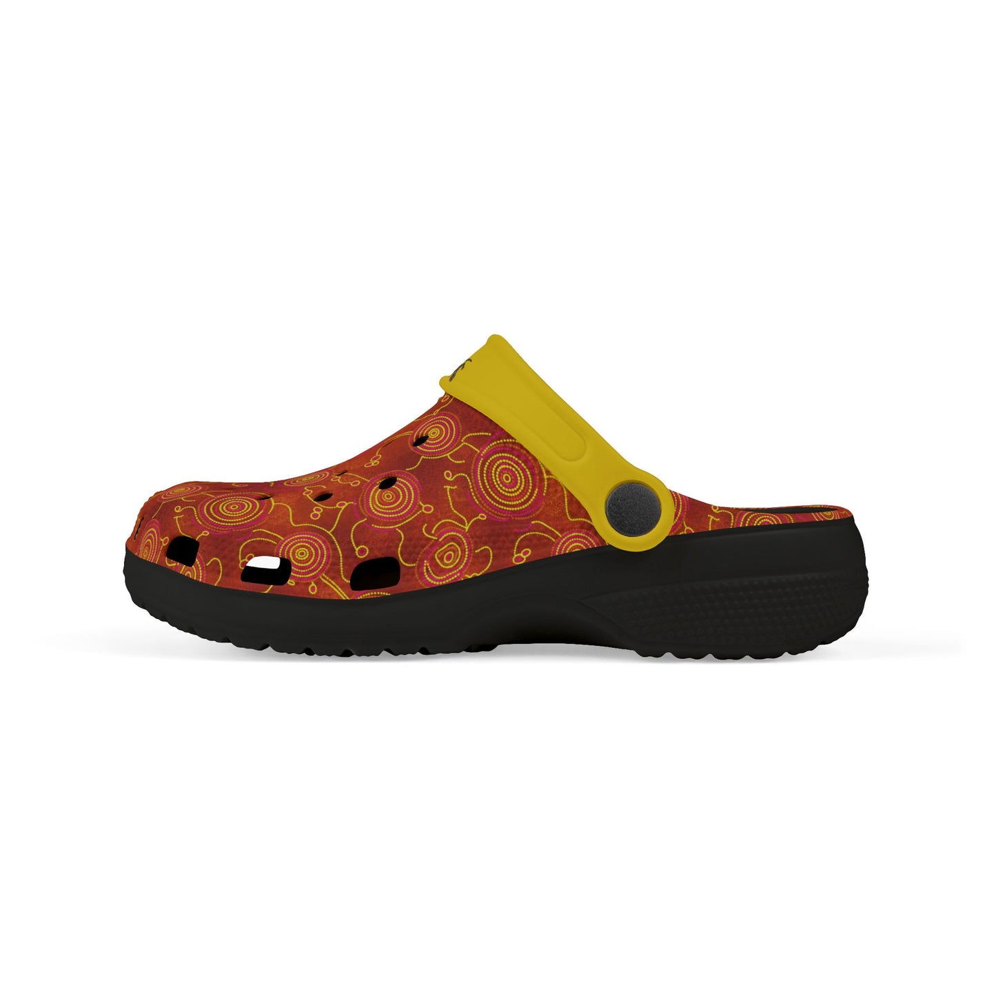 Aboriginal art casual clog shoe, red patterned upper with yellow strap and black sole