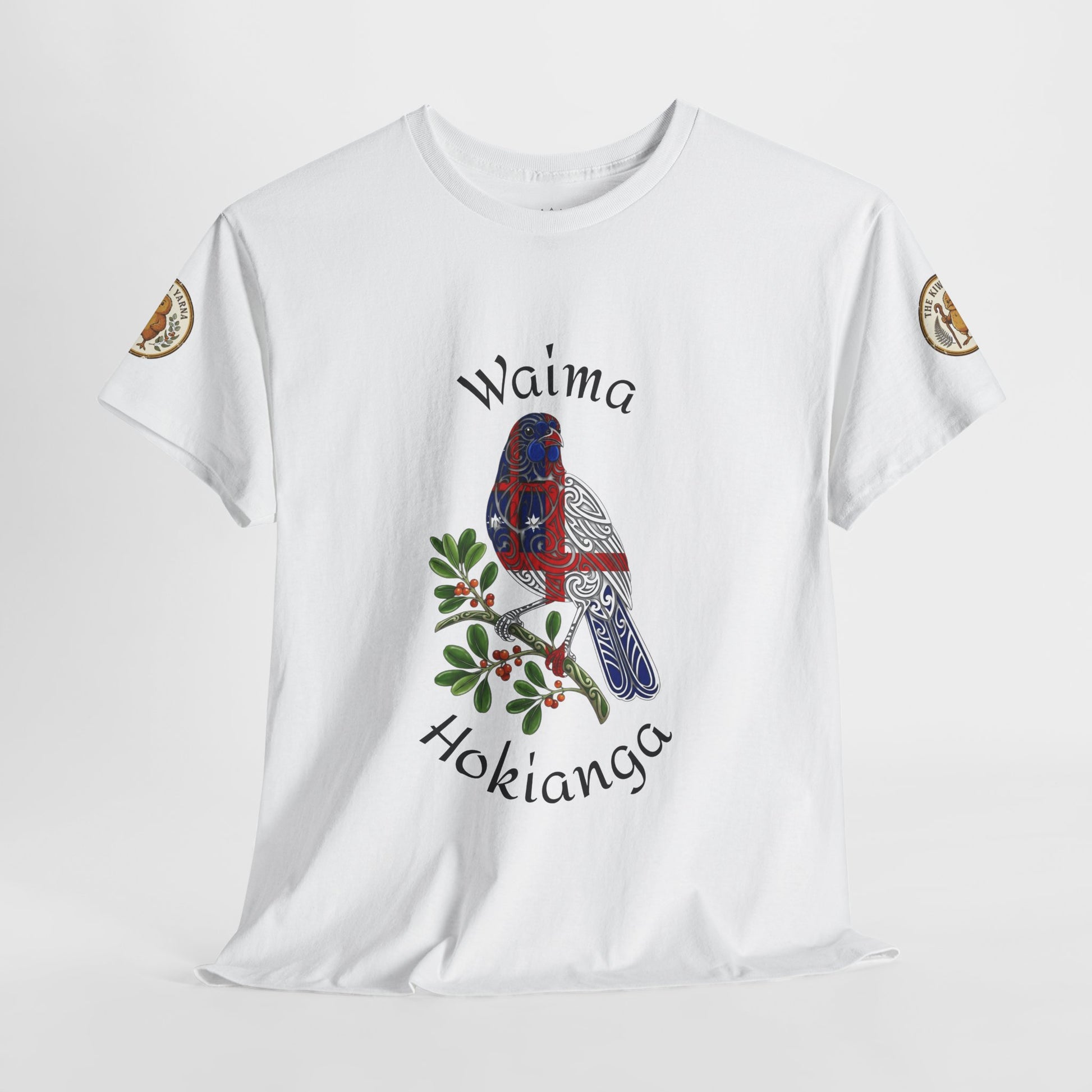 White crew-neck T-shirt with Waima Hokinga bird and green leaf graphic