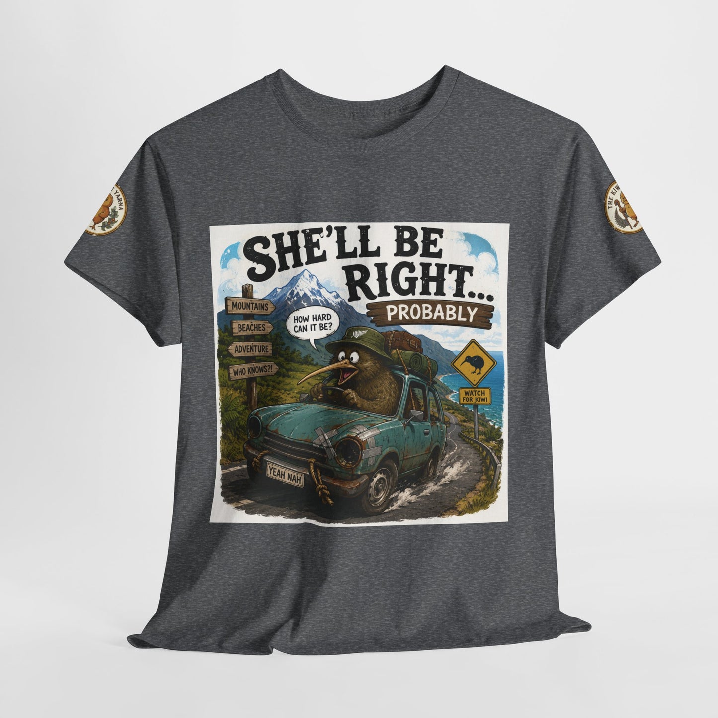 Dark gray heather graphic T-shirt with centered car artwork, bold lettering, and sleeve patches