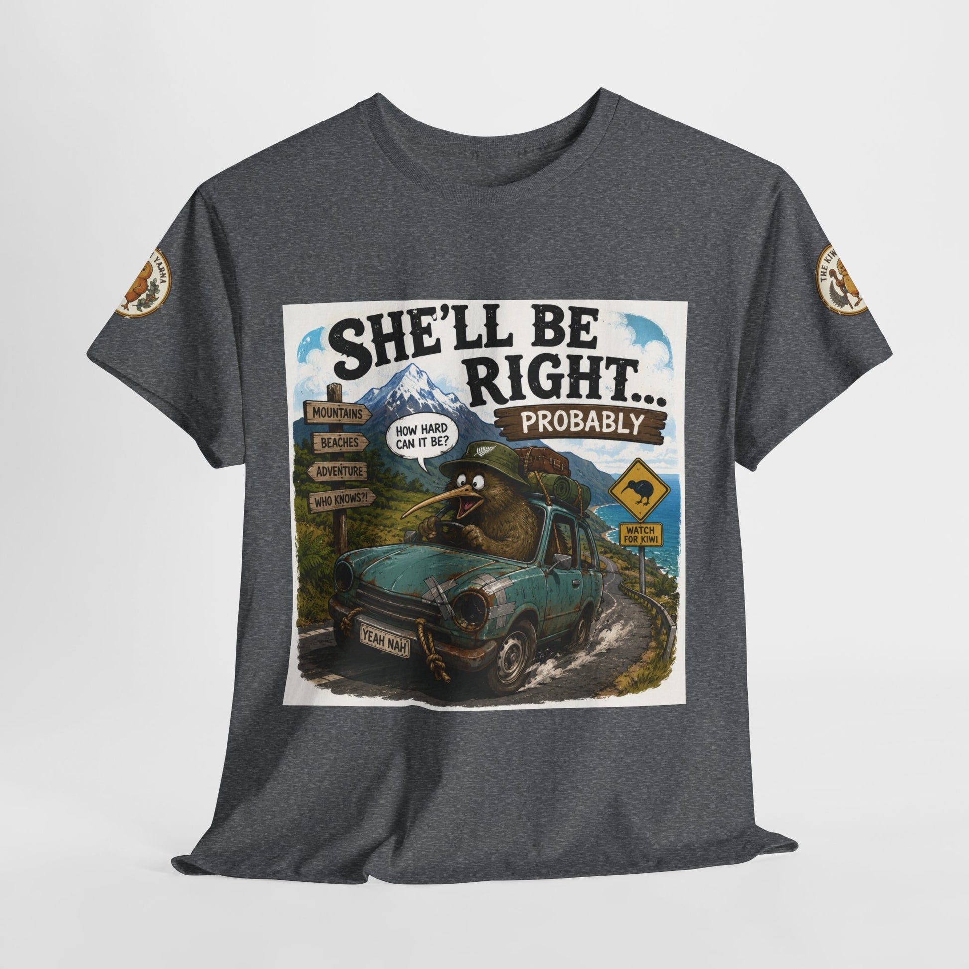 Dark gray heather graphic T-shirt with centered car artwork, bold lettering, and sleeve patches