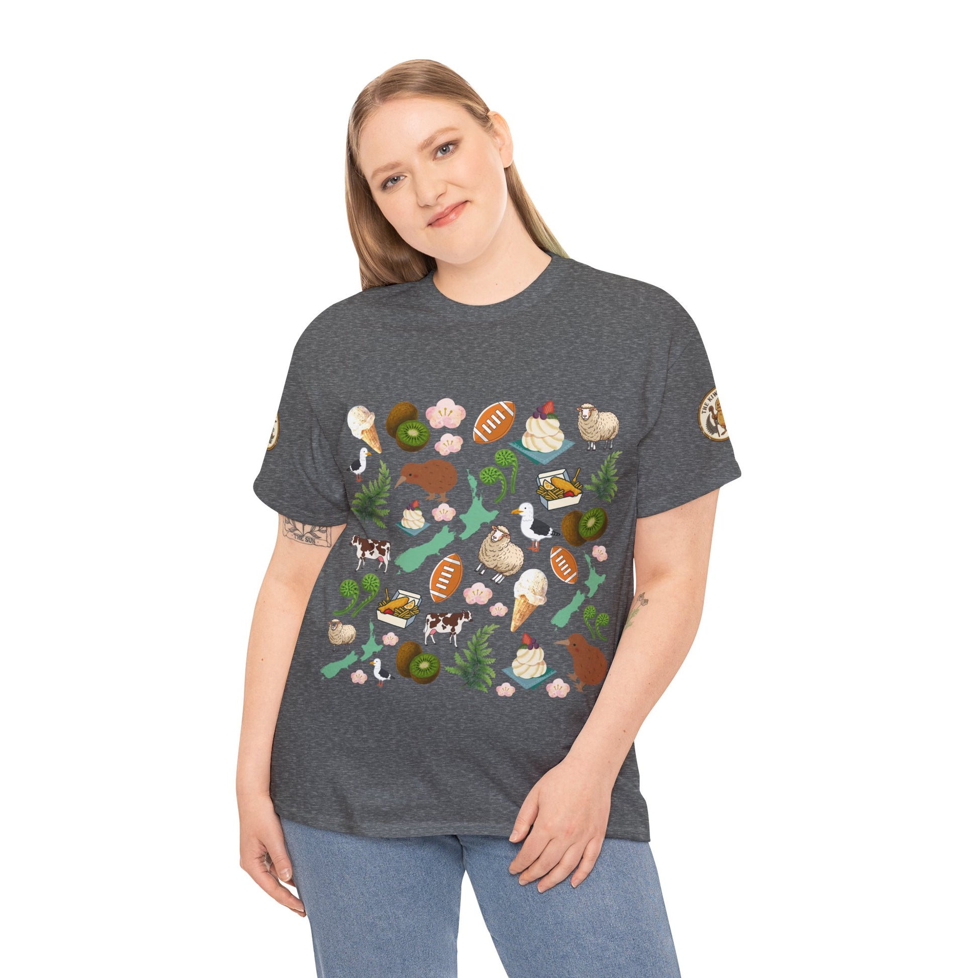 Heather gray crewneck T-shirt worn with colorful tropical wildlife print