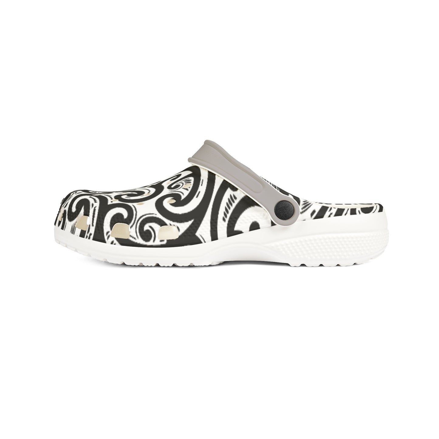 Ponga clogs, gray upper with black paisley side panel and white sole