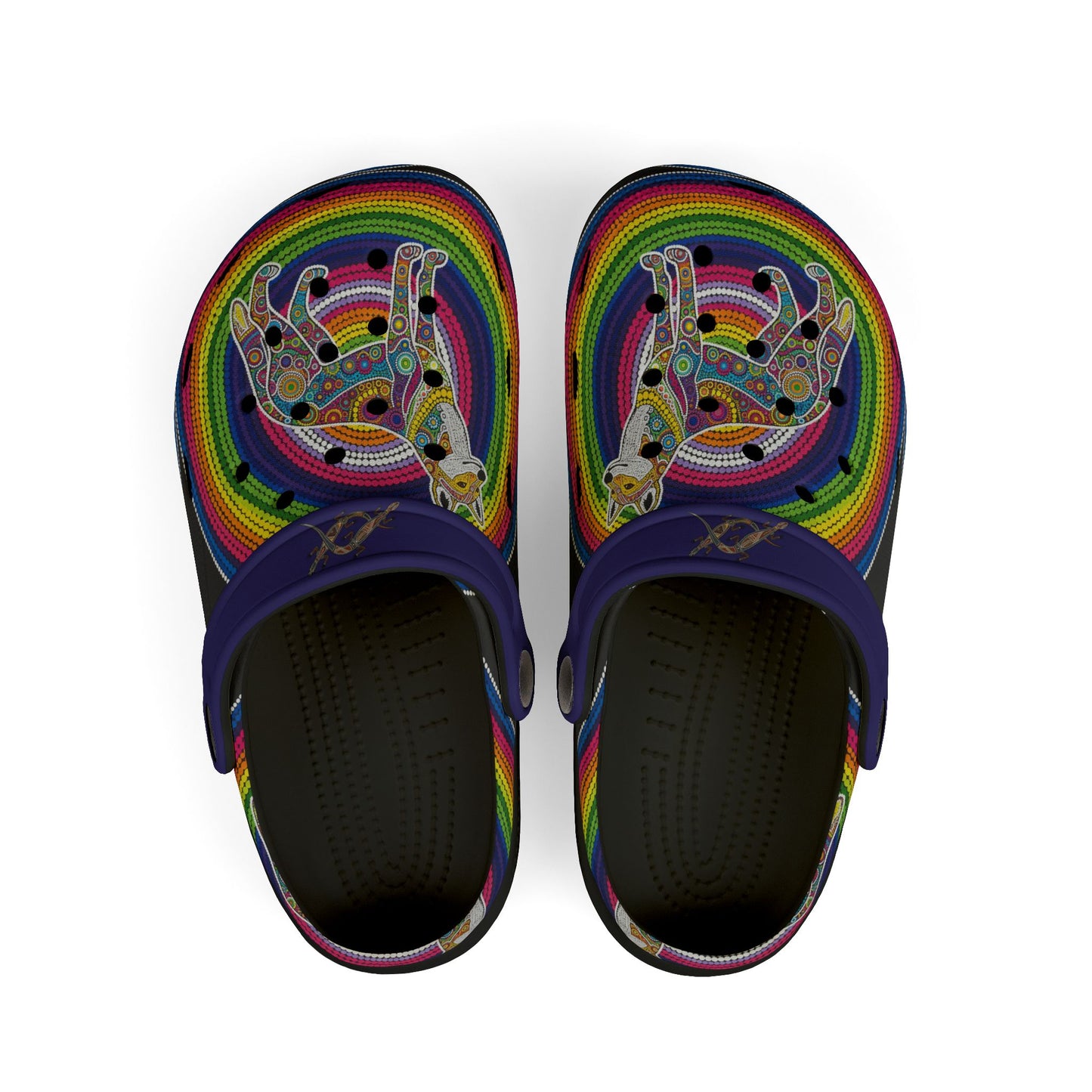 Navy slip-on casual shoe with rainbow dingo artwork and dark interior footbed