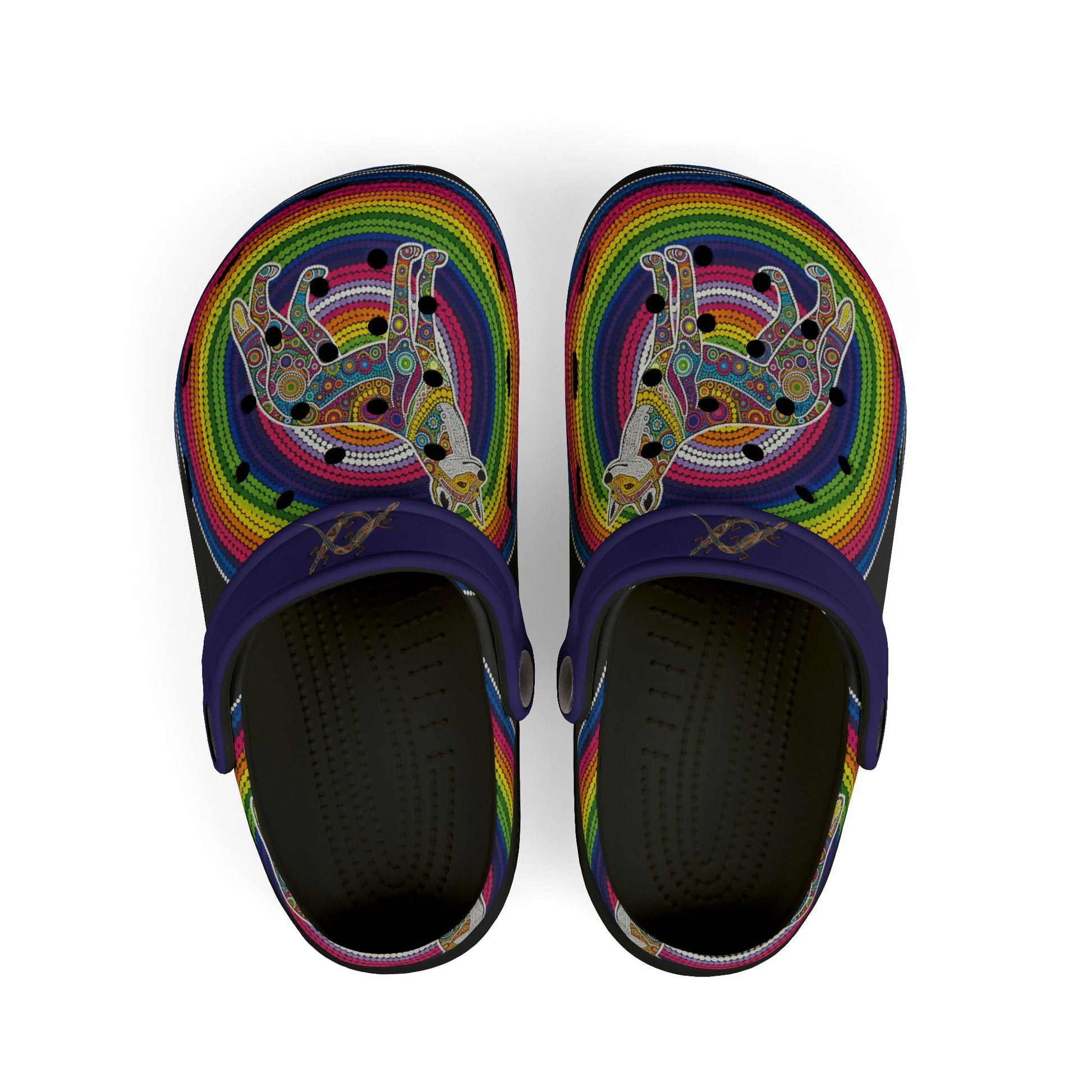Navy slip-on casual shoe with rainbow dingo artwork and dark interior footbed