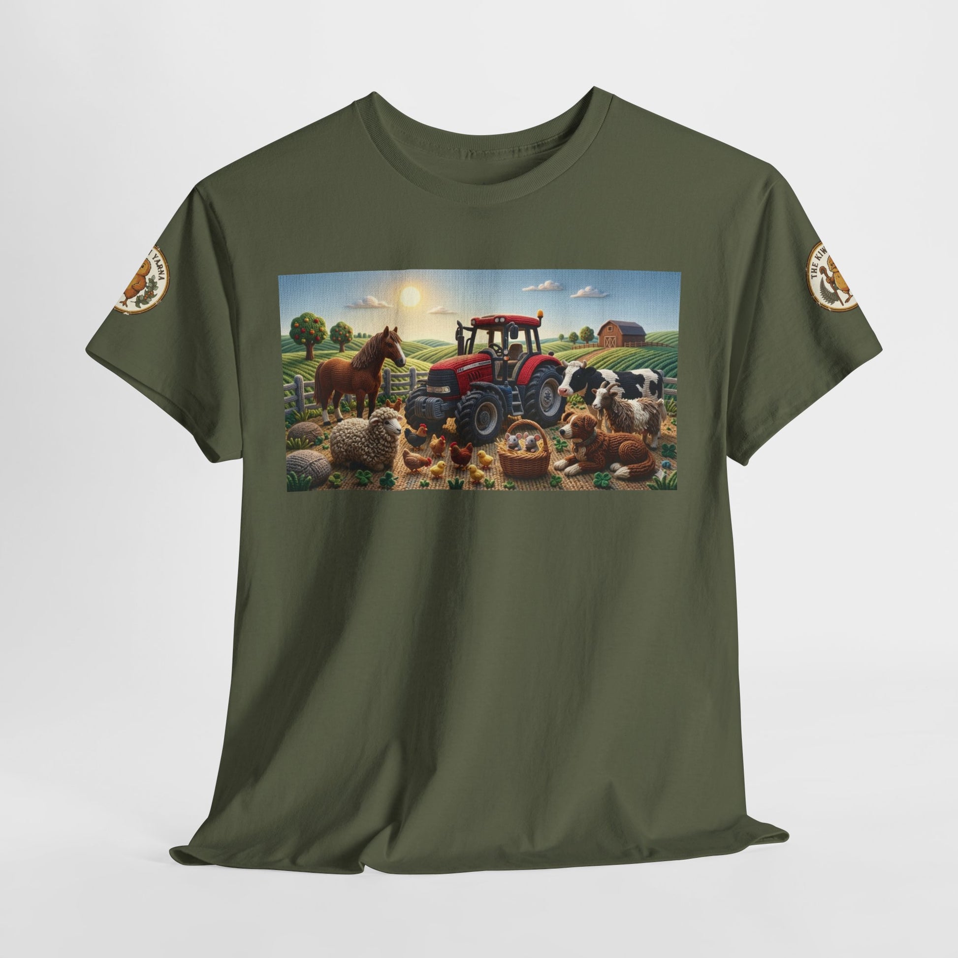 Olive green T-shirt with farm tractor scene graphic and round logo patches on sleeves.