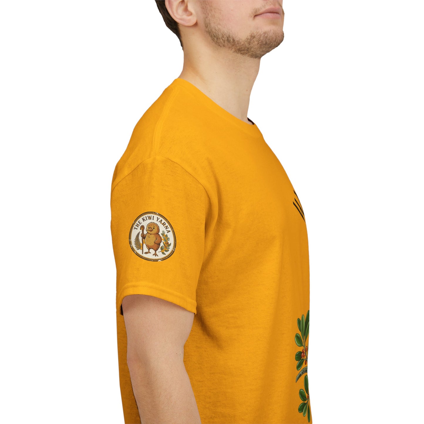Gold T-shirt with round sleeve emblem and bird artwork panel on the side