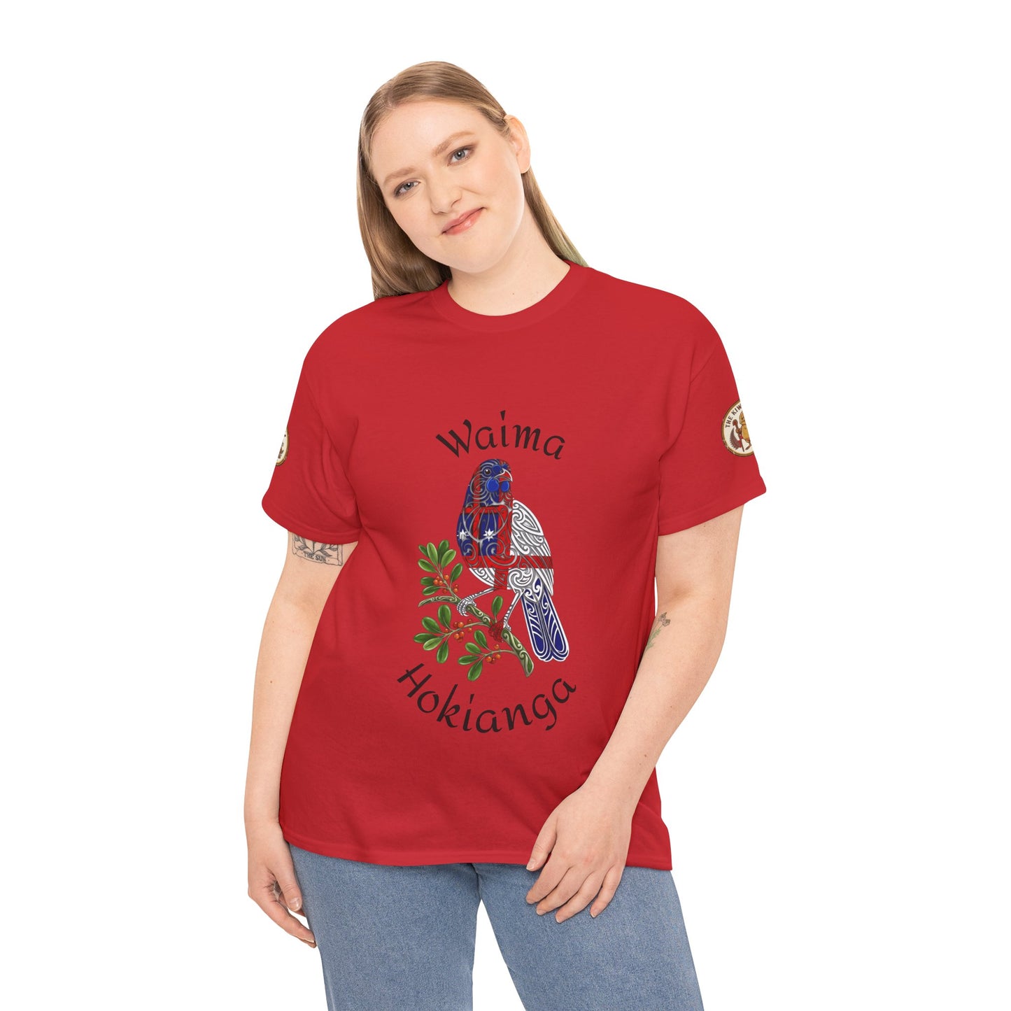 Red crewneck graphic T-shirt on model, bird and text front print