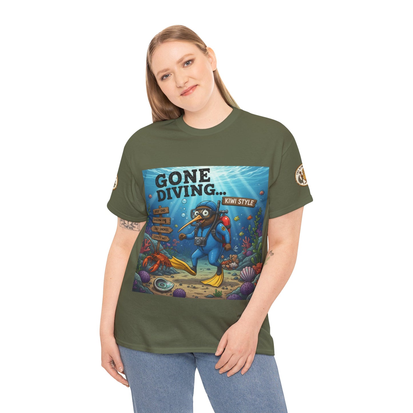 Olive green graphic t-shirt with 'GONE DIVING...' underwater diver front print