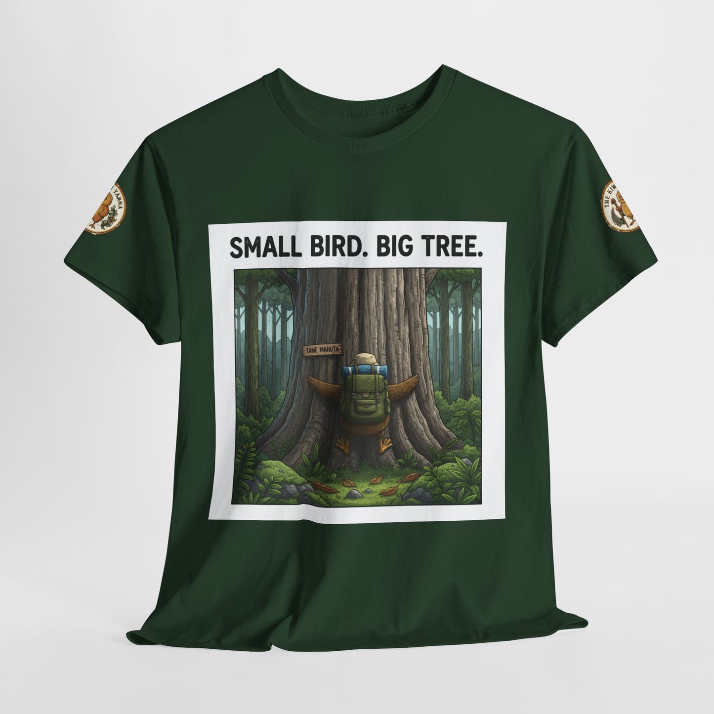 Dark green graphic T-shirt with square forest artwork and “SMALL BIRD. BIG TREE.” text