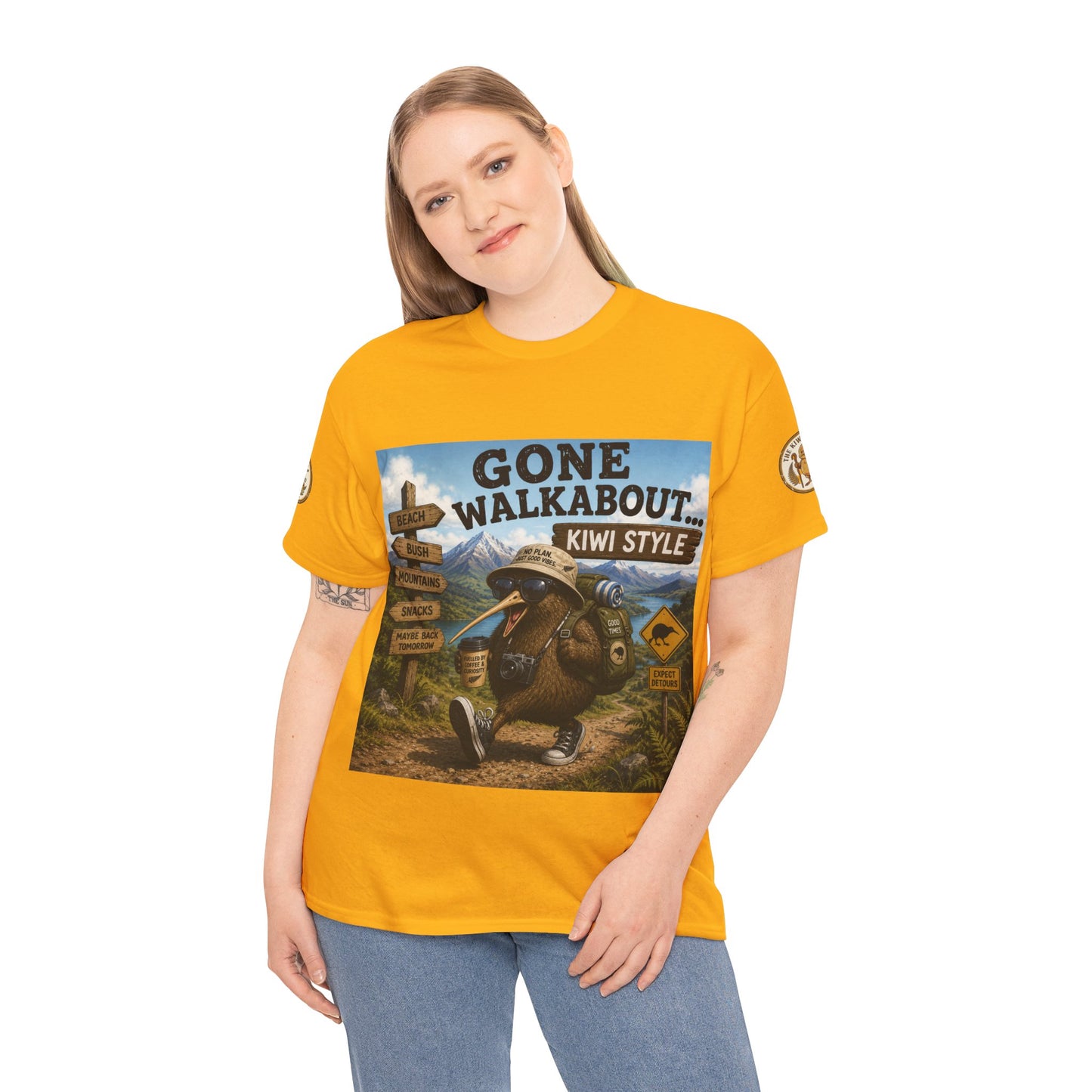 Mustard yellow graphic T-shirt worn by model, round crew neck and front print