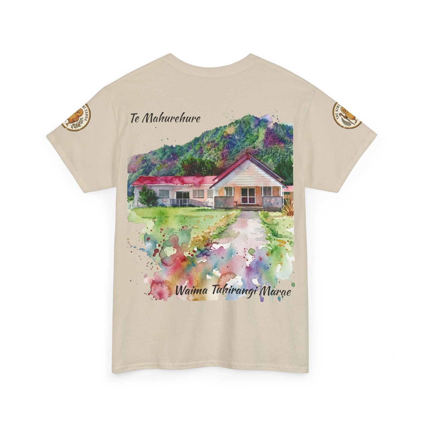 Cream graphic T-shirt with watercolor house scene front print and small sleeve emblem
