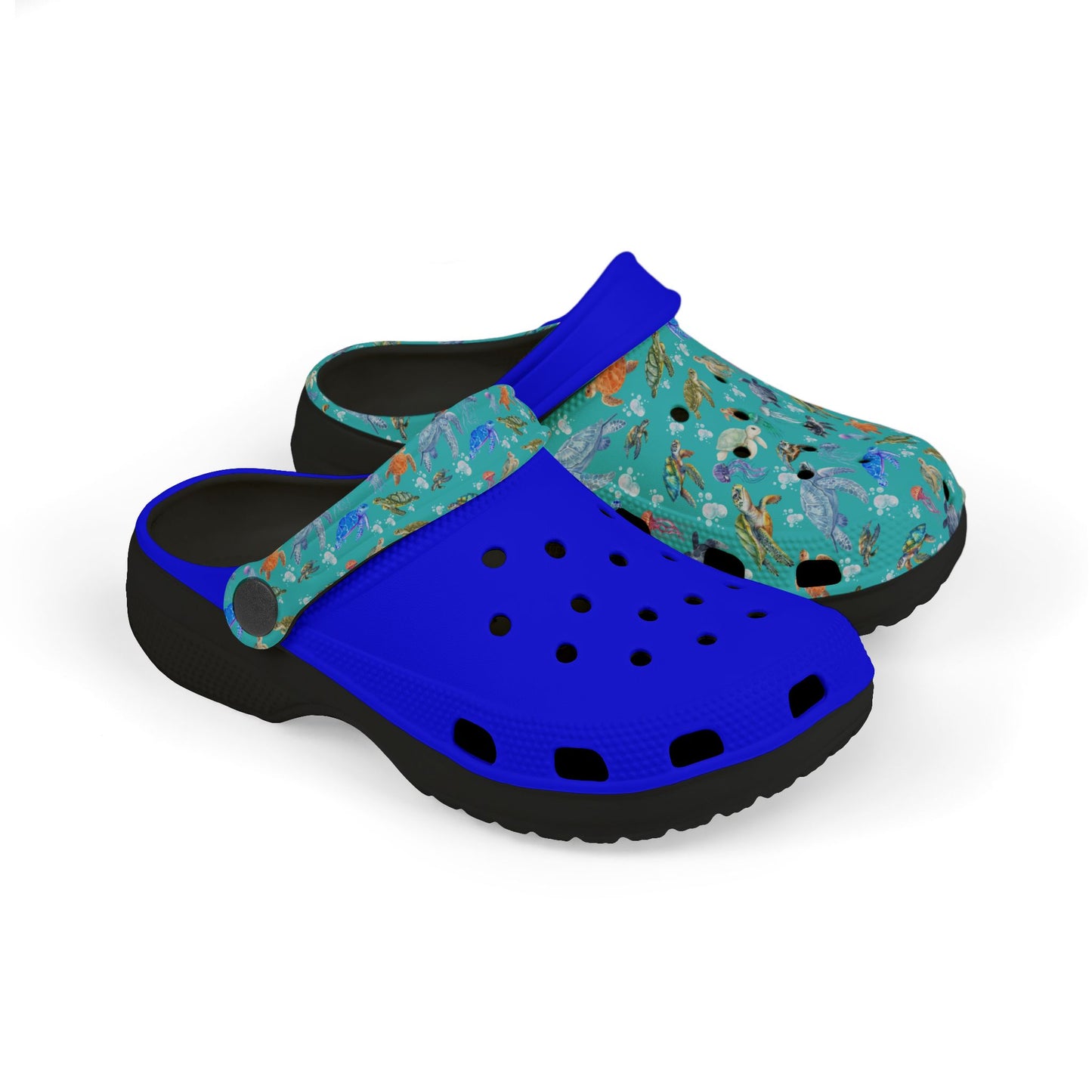 Kids' slip-on clogs, blue upper with teal sea-animal print, black sole, perforations.
