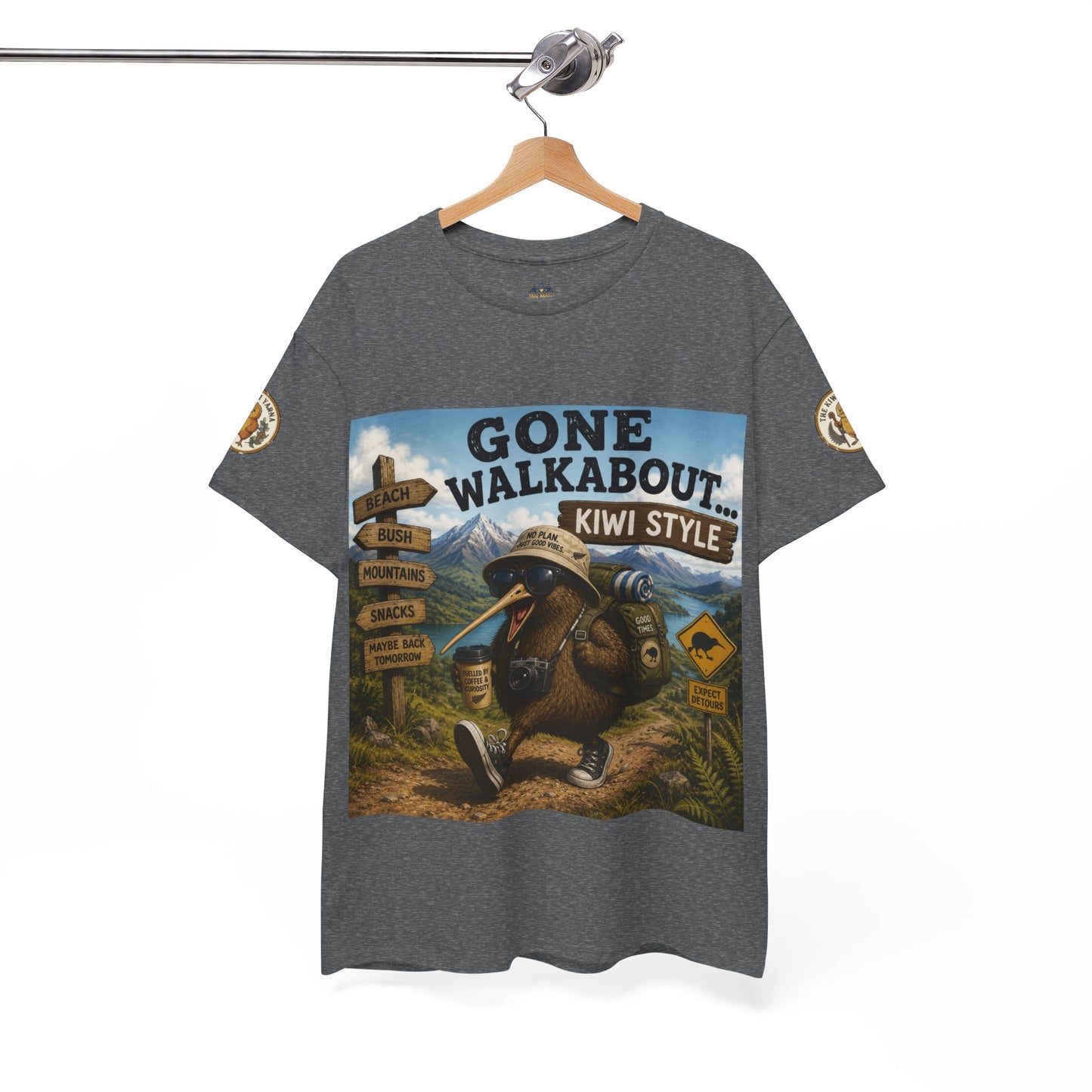Heather gray graphic T-shirt on hanger with “Gone Walkabout Kiwi Style” front print