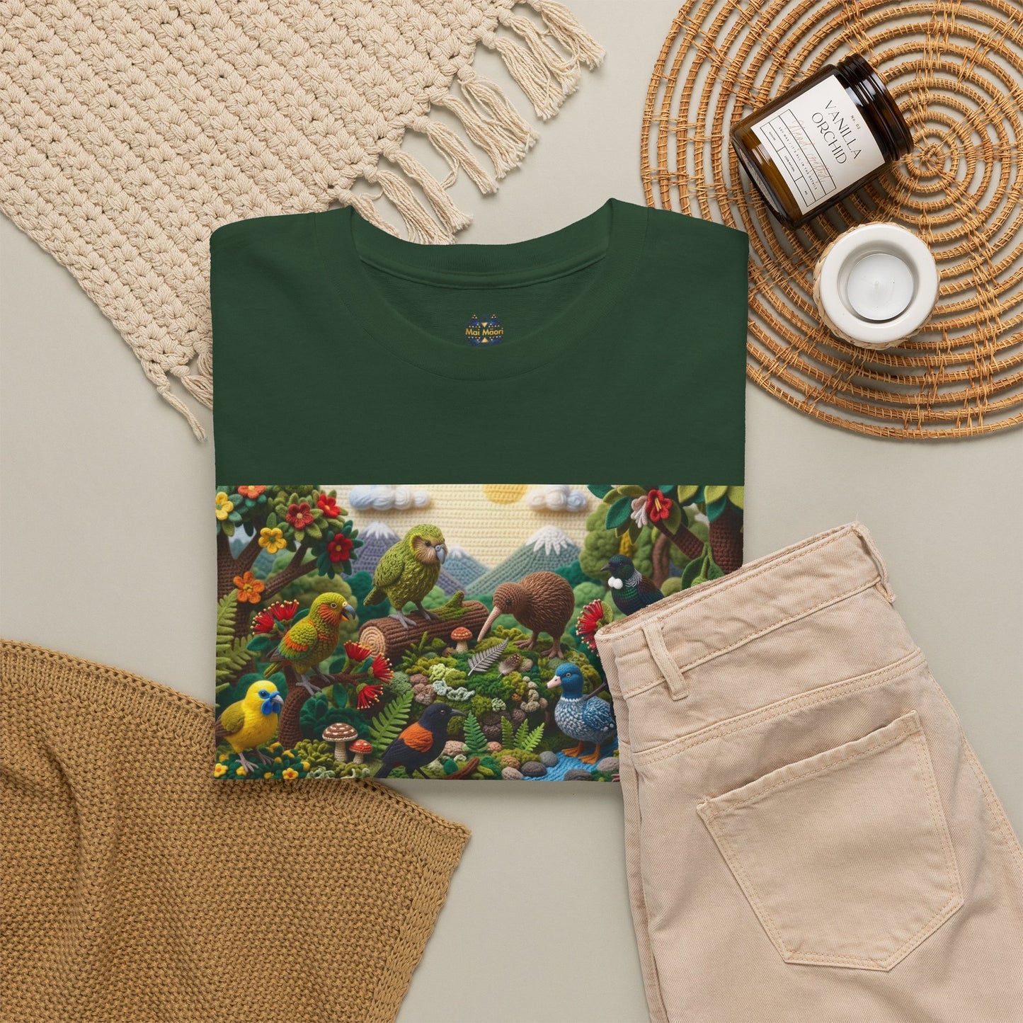 Green graphic T-shirt laid flat with bird-and-forest rectangular front print
