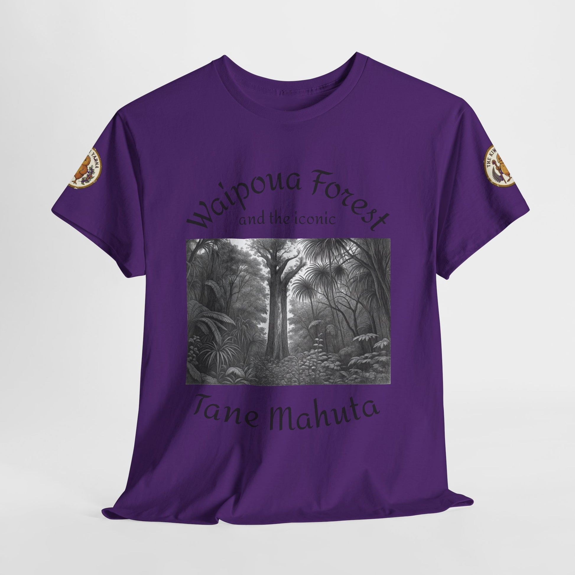 Purple crew-neck T-shirt with forest mural graphic and gold patches on sleeves