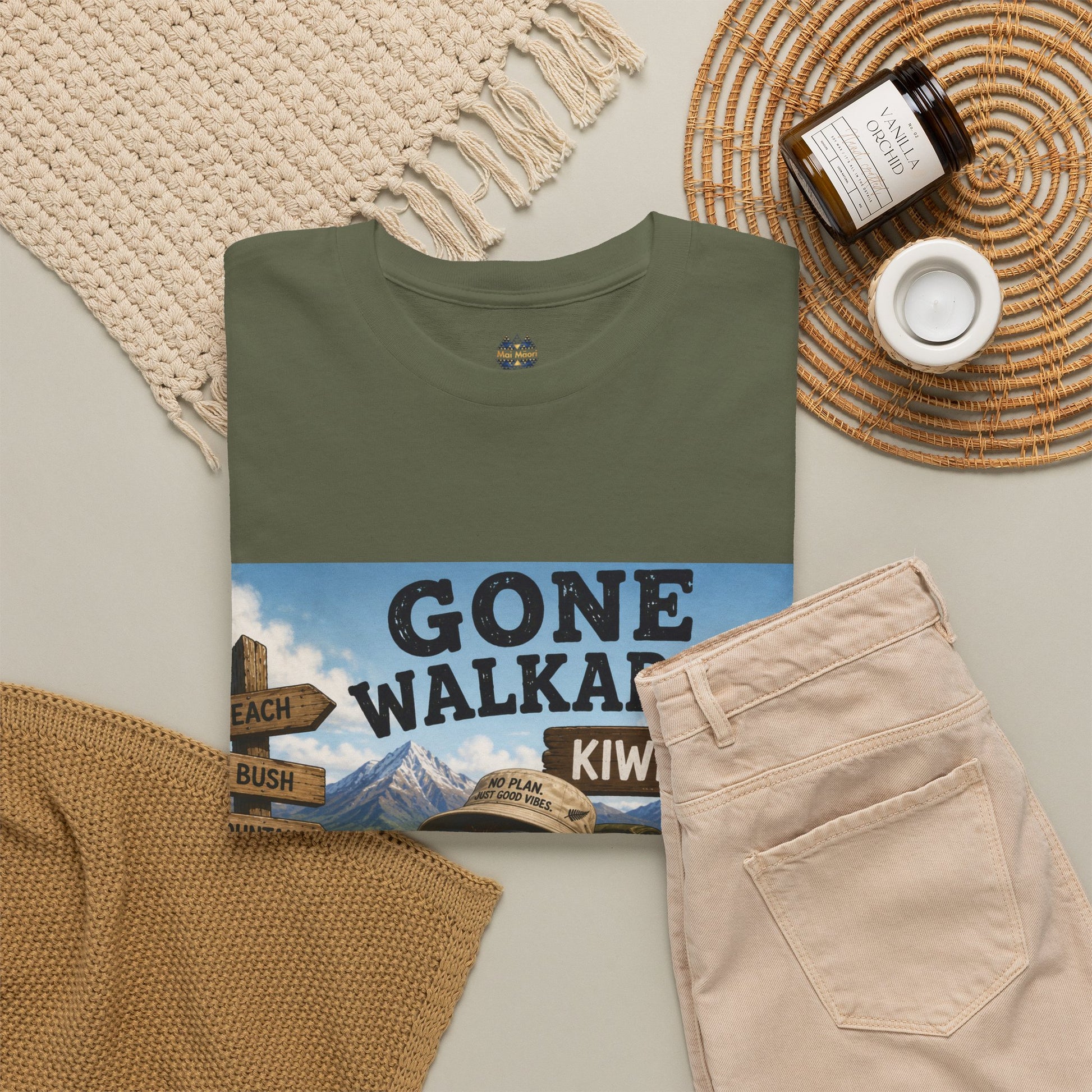 Olive-green graphic T-shirt with front 'Gone Walkabout Kiwi Style' print