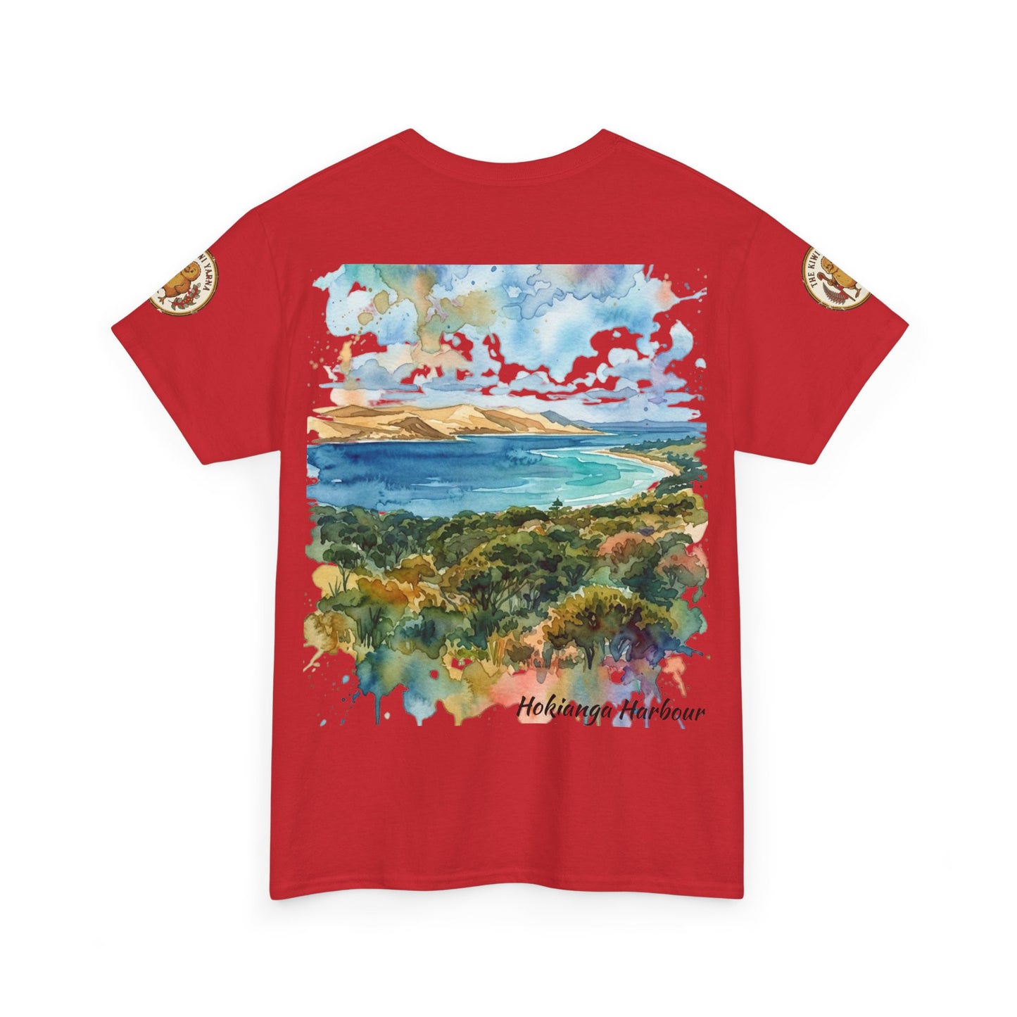 Red crew-neck graphic T-shirt with centered landscape panel print and gold sleeve patches.