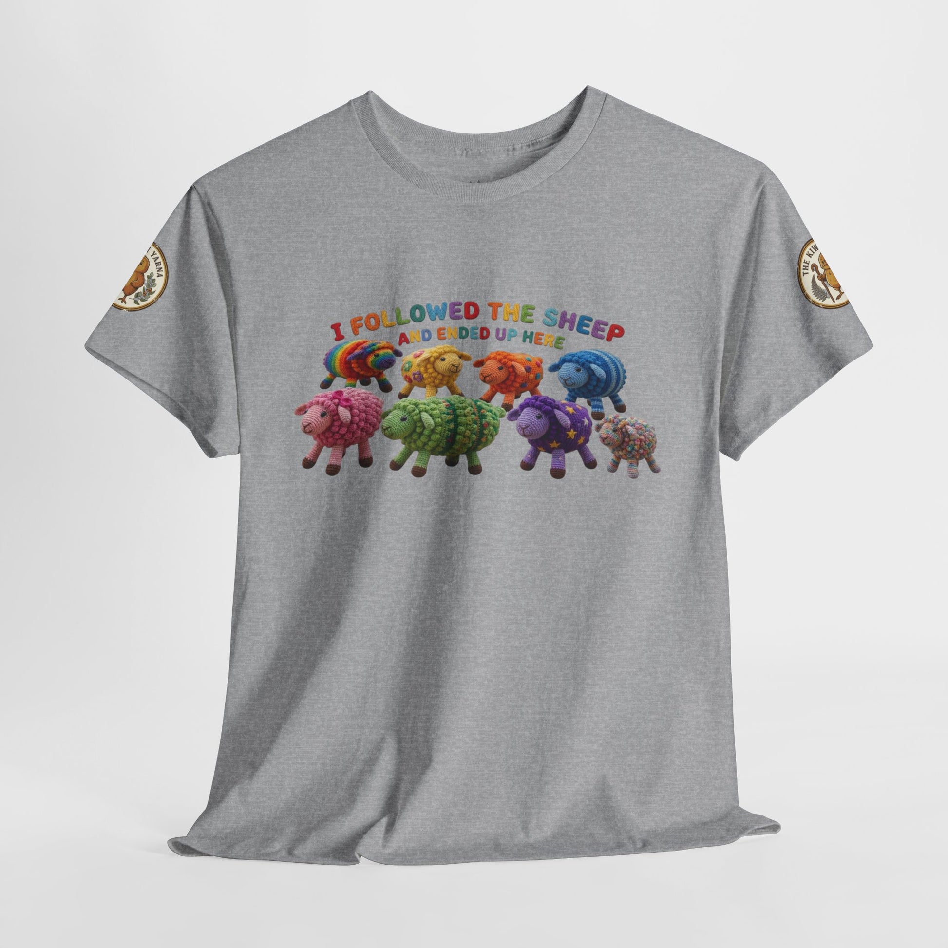 Gray heather crewneck T-shirt with centered multicolor sheep graphic and sleeve patches