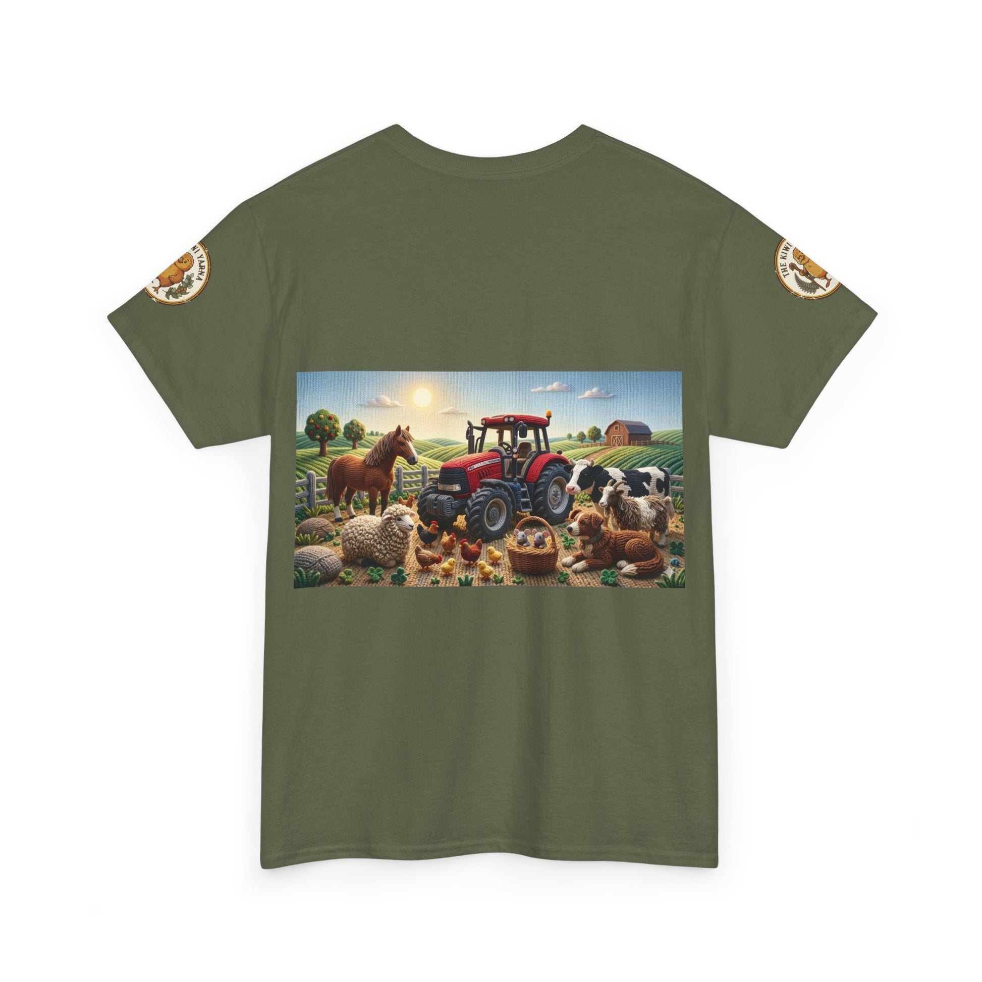 Olive green T-shirt with farm tractor scene graphic and round logo patches on sleeves.