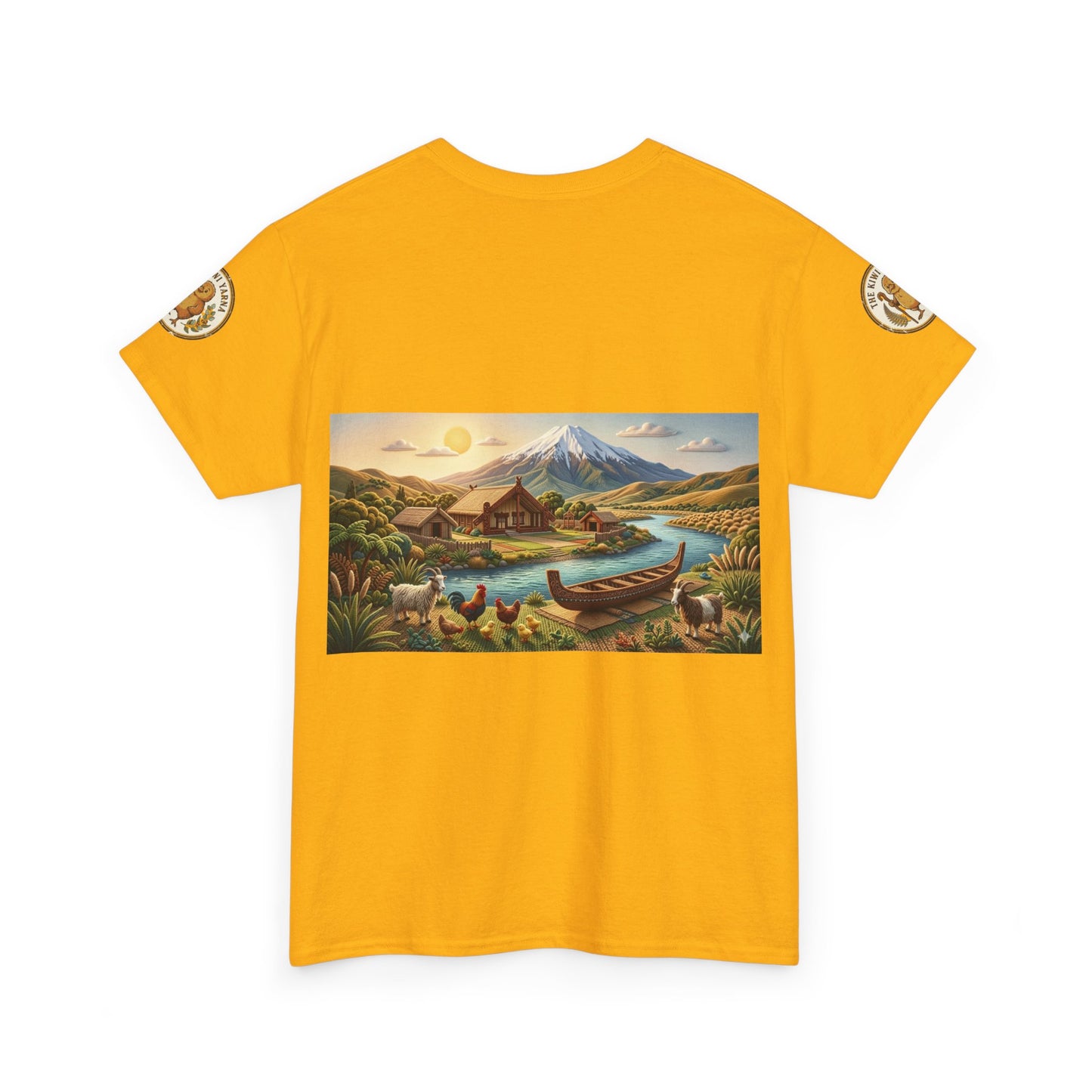 Yellow graphic crewneck T-shirt with landscape boat and mountain rectangular print